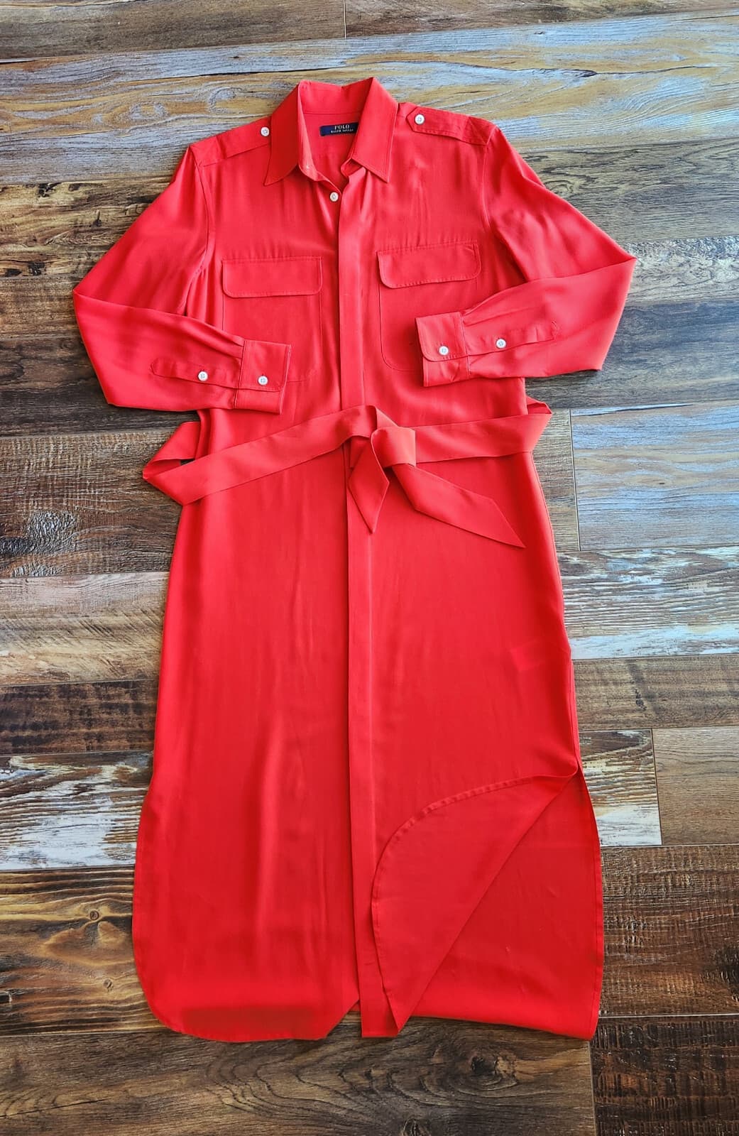 NWT Polo Ralph Lauren 100% Silk Belted Shirt Dress Long Sleeve Pocket Red Sz.6 - Thumbnail 7