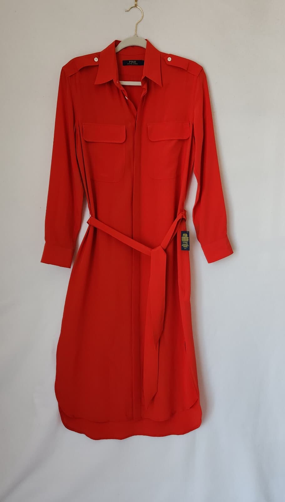 NWT Polo Ralph Lauren 100% Silk Belted Shirt Dress Long Sleeve Pocket Red Sz.6 - Thumbnail 9