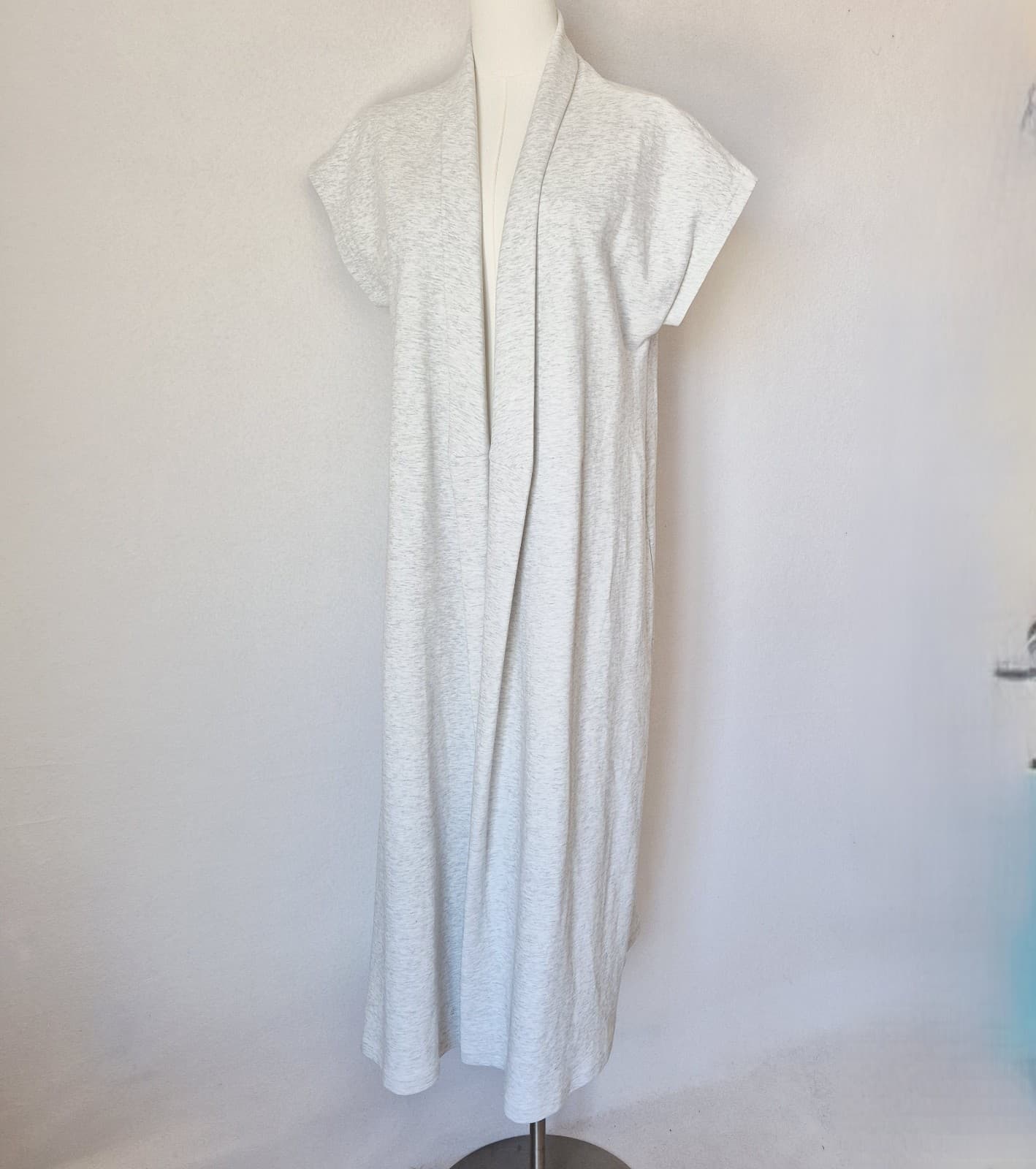 Max Mara Leisure Long Duster Open Front Top Cardigan Cap-Sleeve Pocket Grey XS - Thumbnail 5
