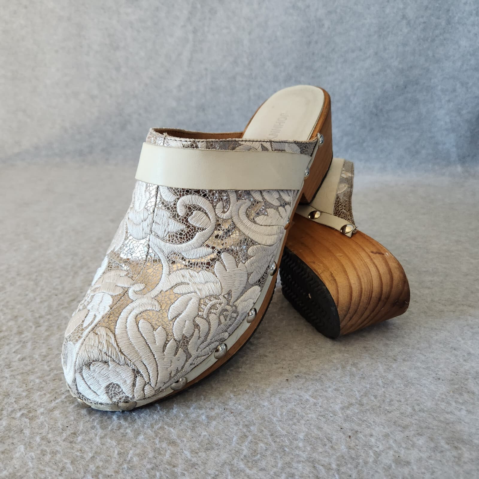 Johnny Was Dormi Leather Embroidered Silver Metallic Studded Clogs Heel EU 41 - Thumbnail 4