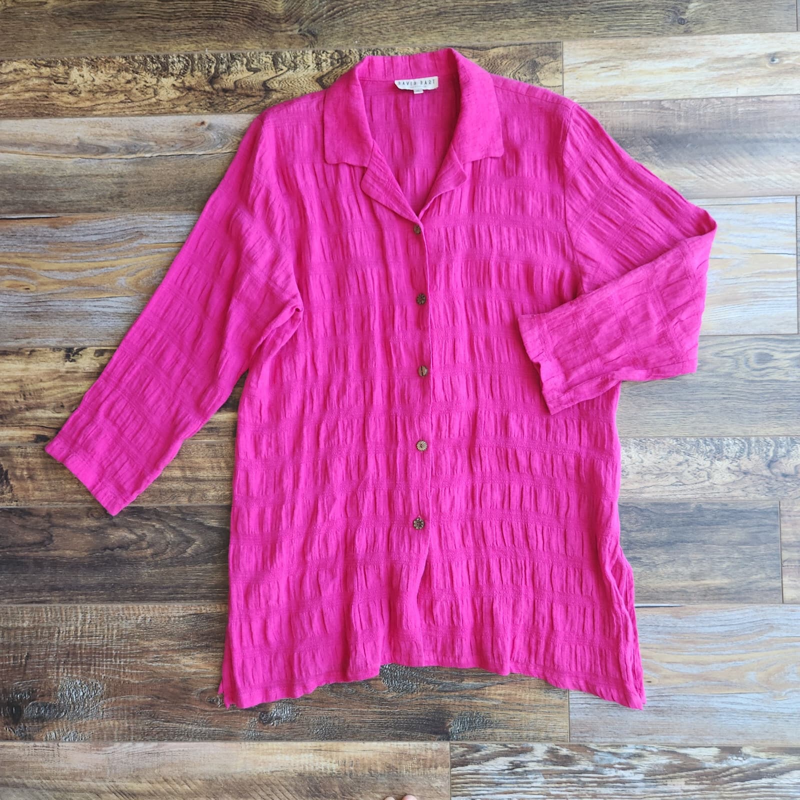 Vintage David Dart Collection Linen Blend Crinkle Tunic Shirt Button-Up Pink XL - Thumbnail 6