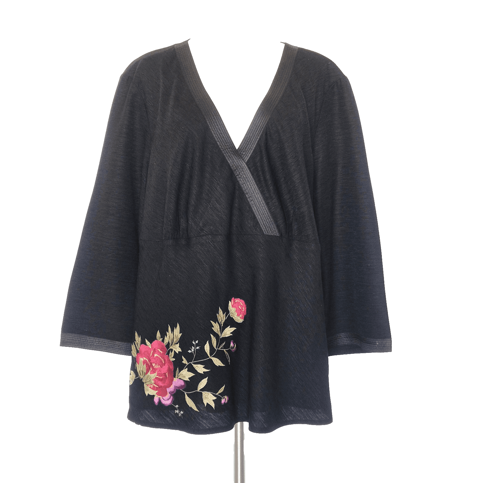 Carole Little Silk Floral Embroidered Fitted Blouse 3/4 Sleeve Black Women's 2X - Thumbnail 2