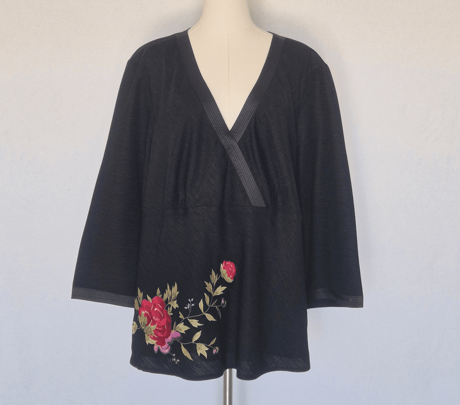 Carole Little Silk Floral Embroidered Fitted Blouse 3/4 Sleeve Black Women's 2X - Thumbnail 3