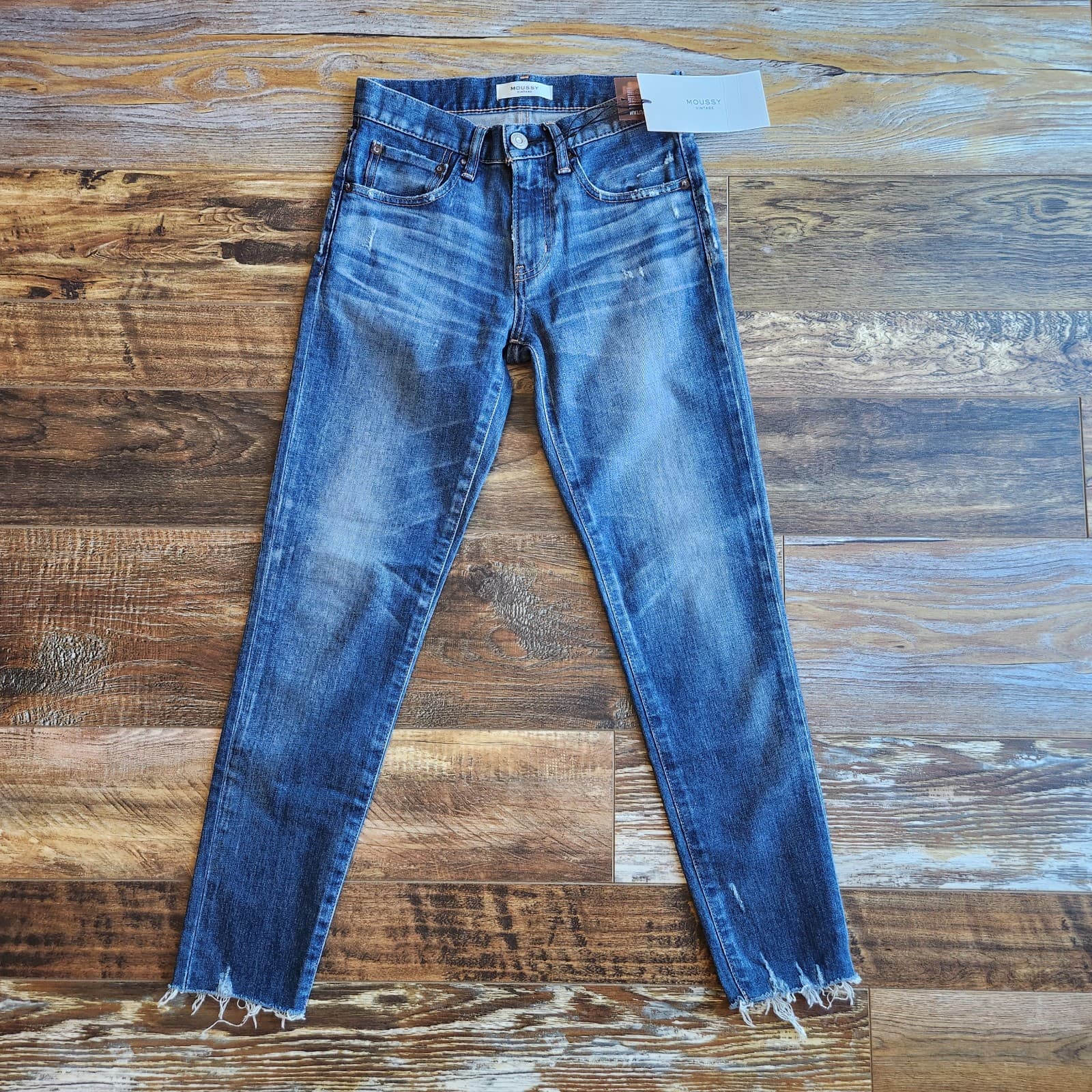 NWT Moussy Vintage $350 Made in Japan My Tyrone Skinny Jeans Raw Hem Blue Sz.25 - Thumbnail 3
