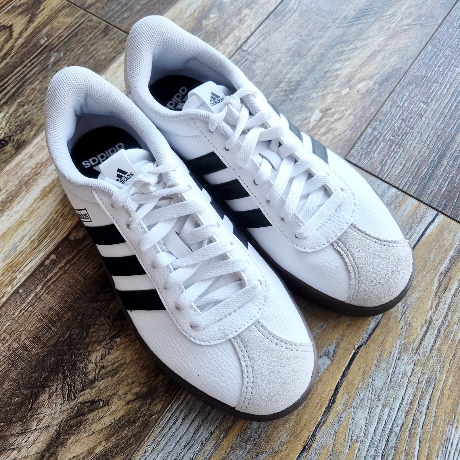 NWoB Adidas VL Court 3.0 Women's US7 Sneaker 3-Stripes Leather Suede White Black - Thumbnail 10