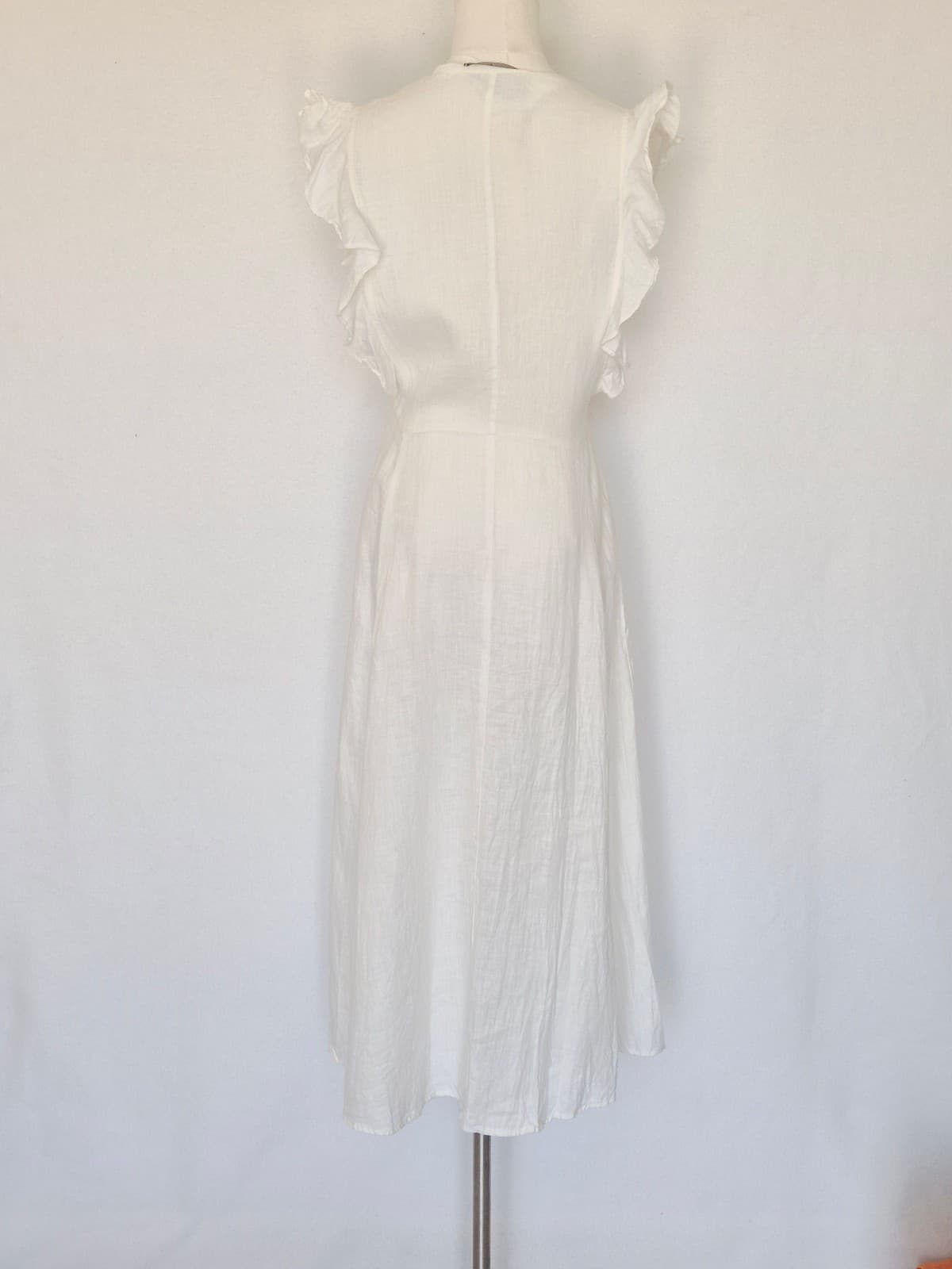 Reformation 100% Linen Ruffle Deep V-Neck Midi Dress Button-Front Pocket Size 6 - Thumbnail 6