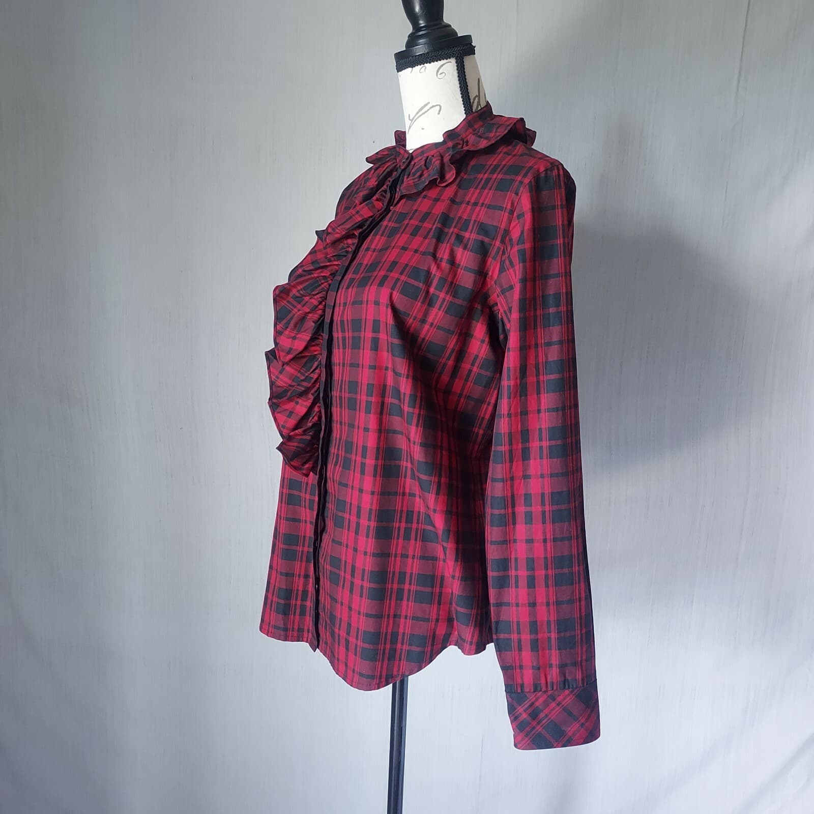Lauren Ralph Lauren Buffalo Plaid Ruffle Shirt Top Button Long Sleeve Red Sz.L - Thumbnail 3