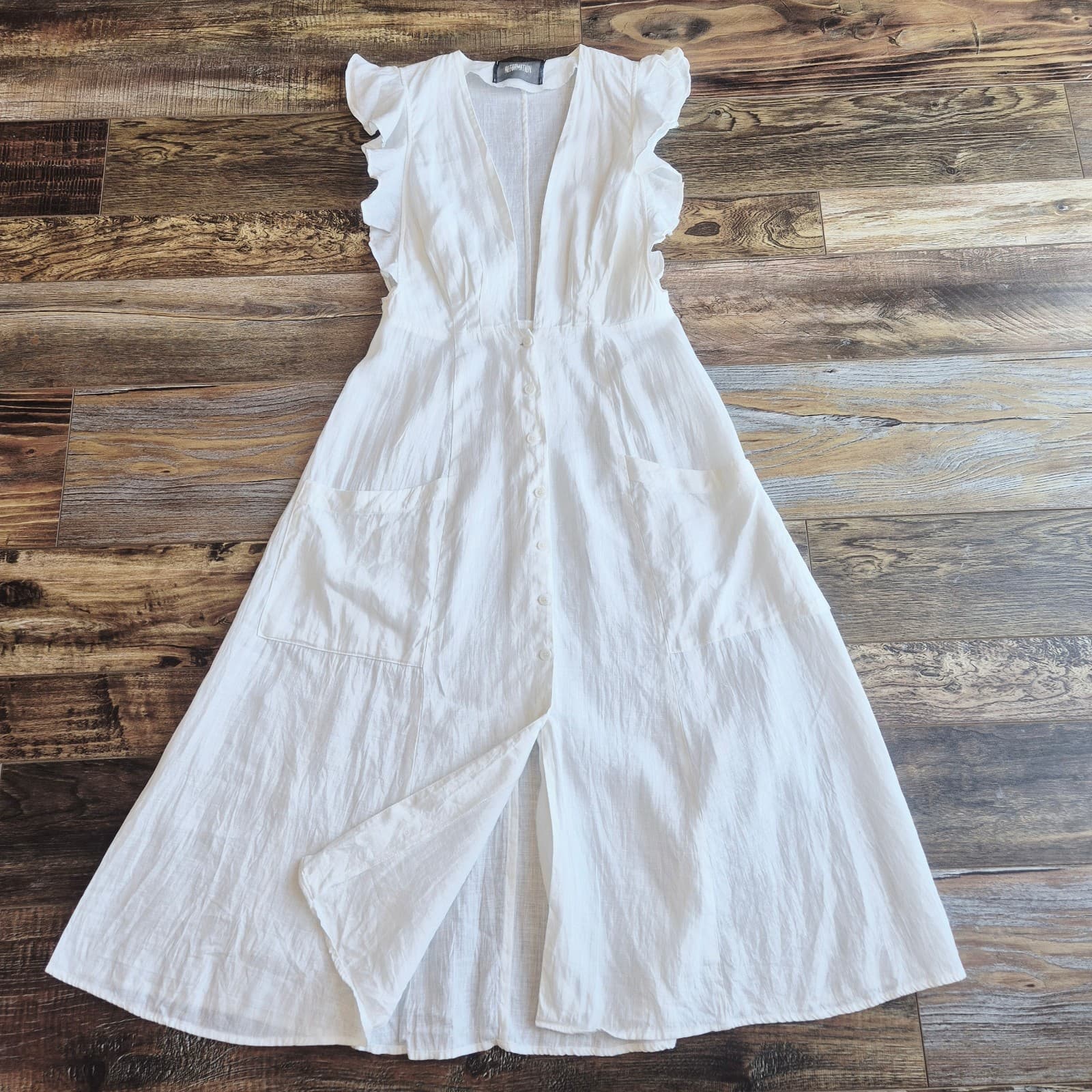 Reformation 100% Linen Ruffle Deep V-Neck Midi Dress Button-Front Pocket Size 6 - Thumbnail 7