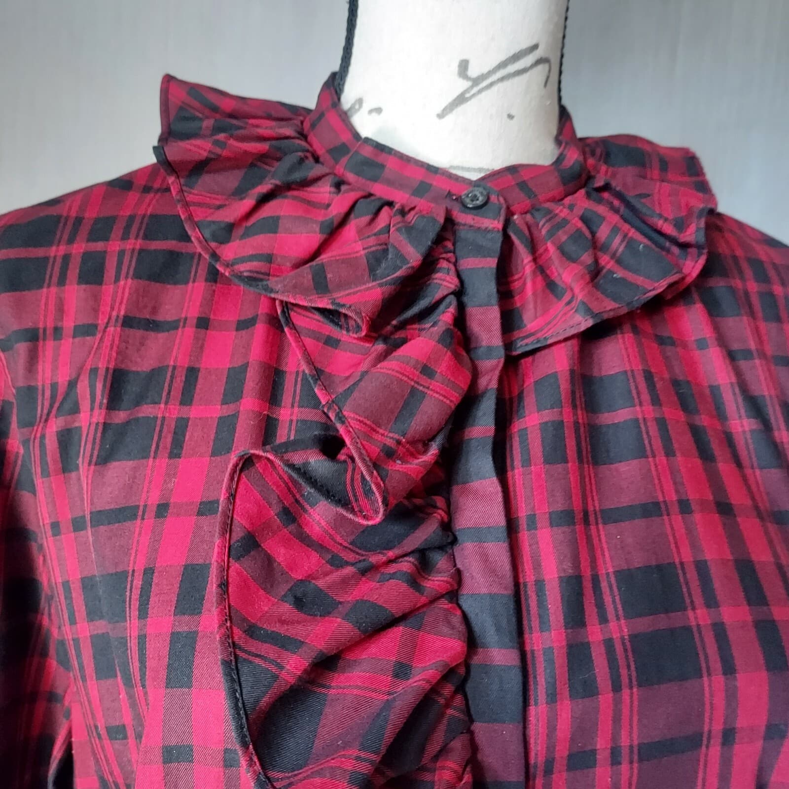 Lauren Ralph Lauren Buffalo Plaid Ruffle Shirt Top Button Long Sleeve Red Sz.L - Thumbnail 2