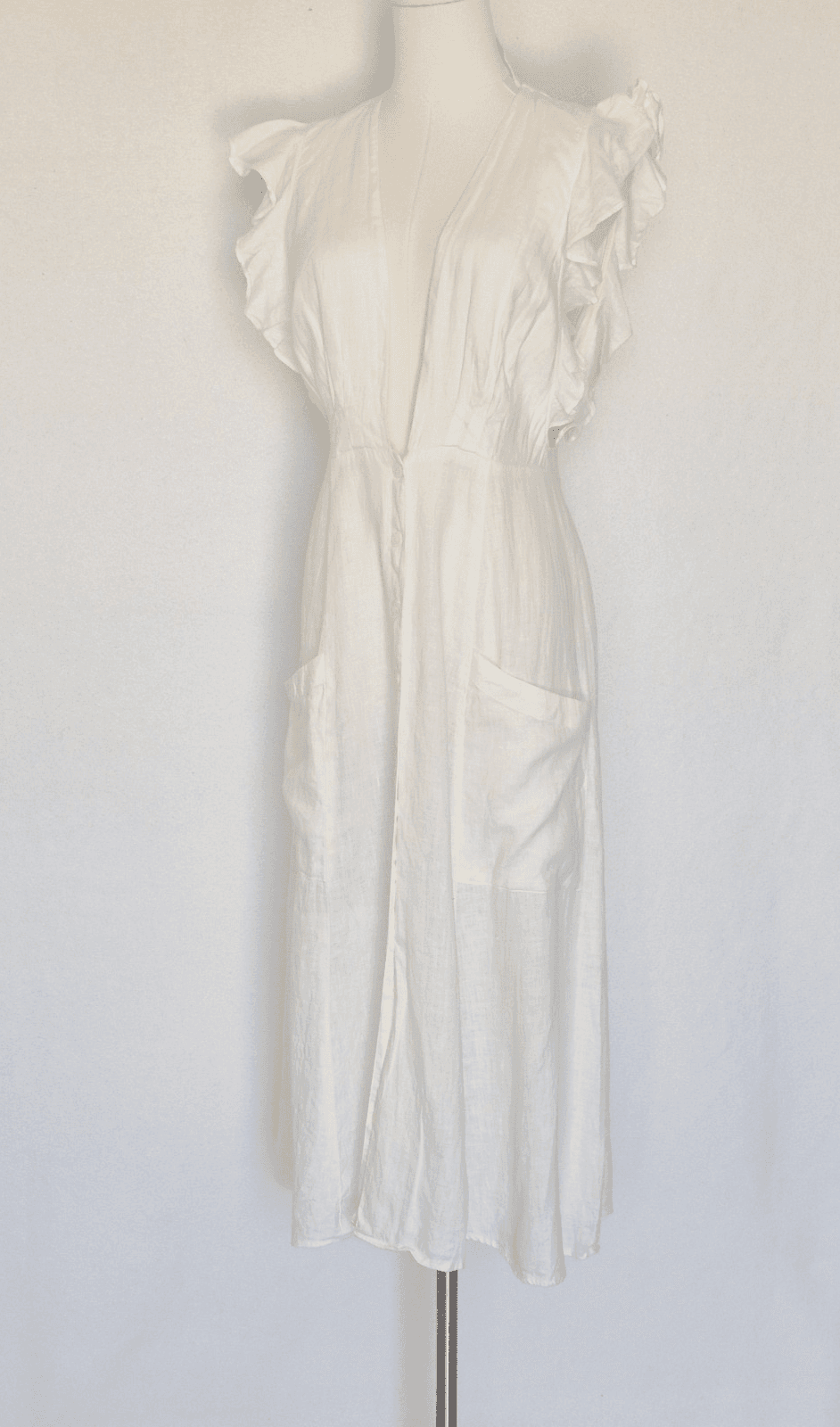 Reformation 100% Linen Ruffle Deep V-Neck Midi Dress Button-Front Pocket Size 6 - Thumbnail 3
