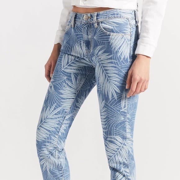 NWT Current Elliott The Stiletto Leaf Print Raw Hem Skinny Crop Jeans Blue Sz.24 - Thumbnail 6
