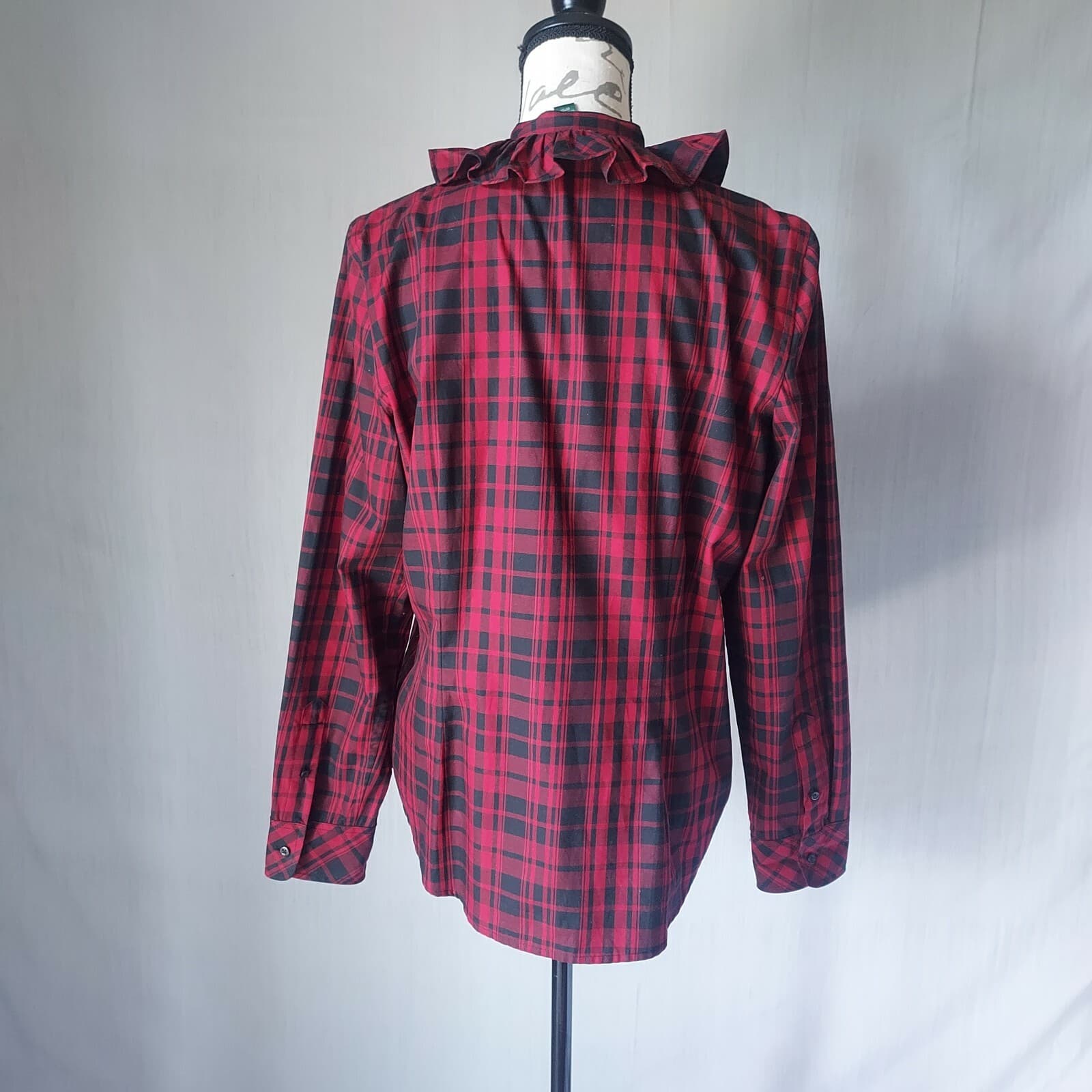 Lauren Ralph Lauren Buffalo Plaid Ruffle Shirt Top Button Long Sleeve Red Sz.L - Thumbnail 4