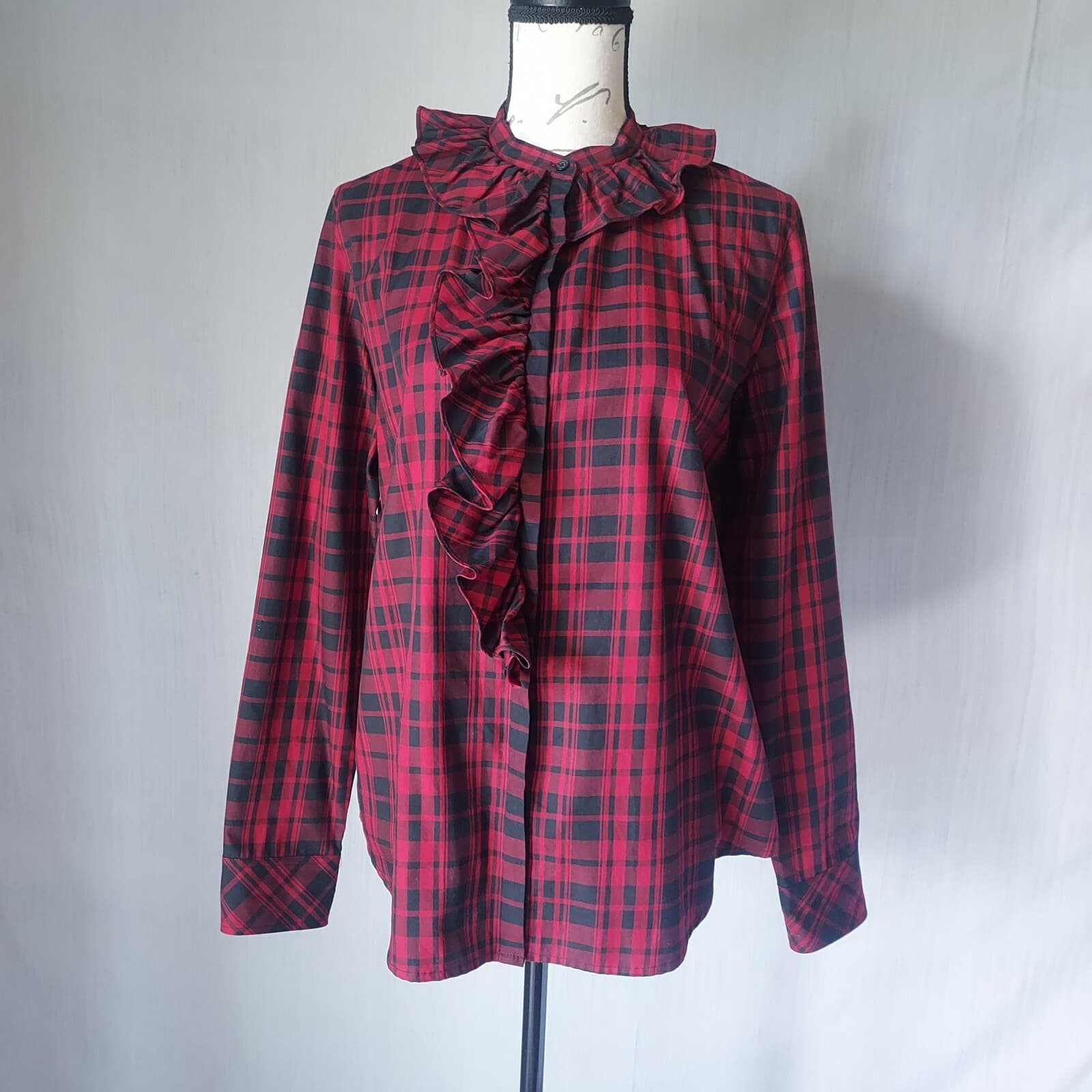 Lauren Ralph Lauren Buffalo Plaid Ruffle Shirt Top Button Long Sleeve Red Sz.L