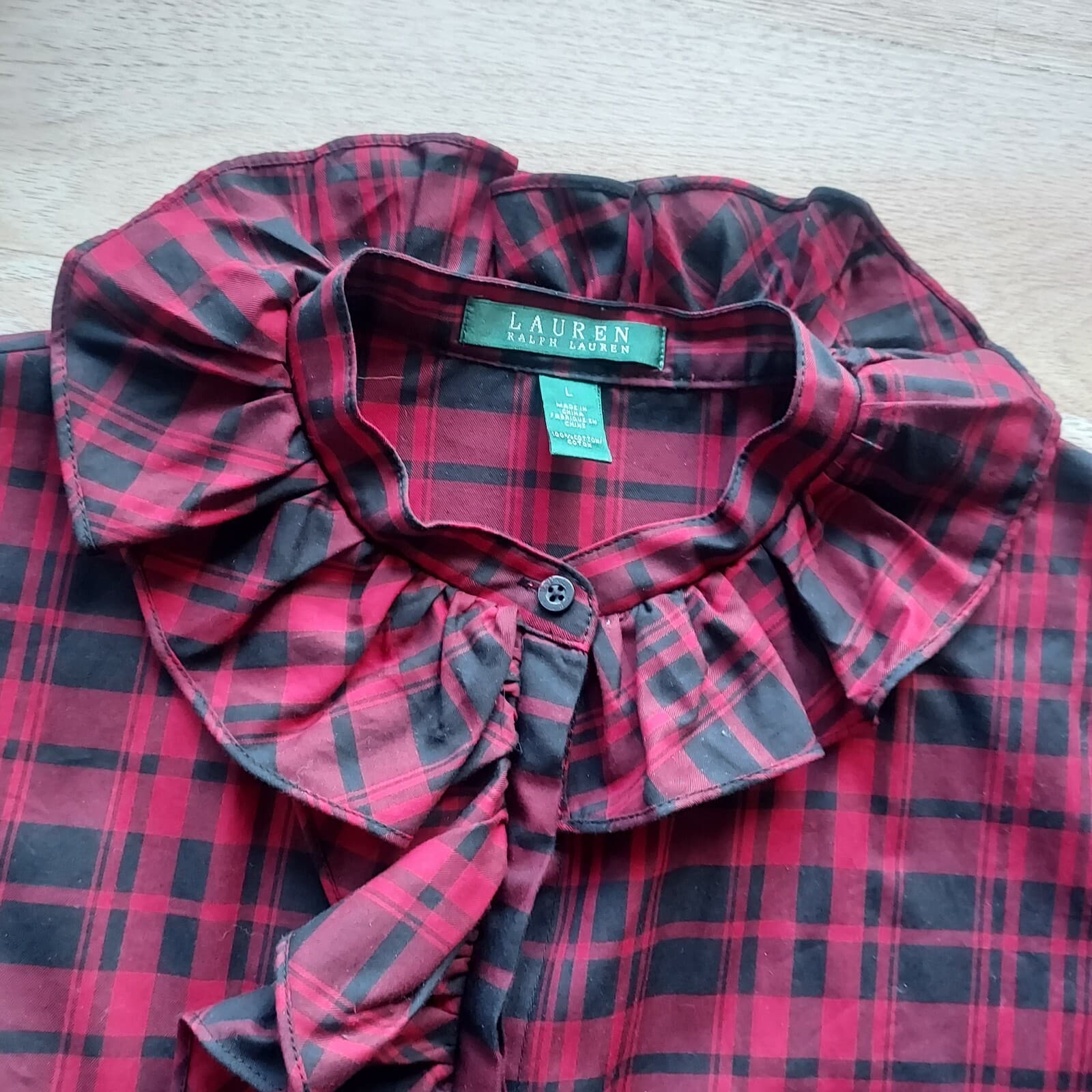 Lauren Ralph Lauren Buffalo Plaid Ruffle Shirt Top Button Long Sleeve Red Sz.L - Thumbnail 6
