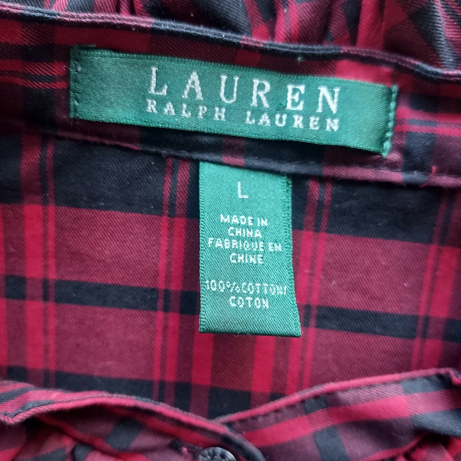 Lauren Ralph Lauren Buffalo Plaid Ruffle Shirt Top Button Long Sleeve Red Sz.L - Thumbnail 7
