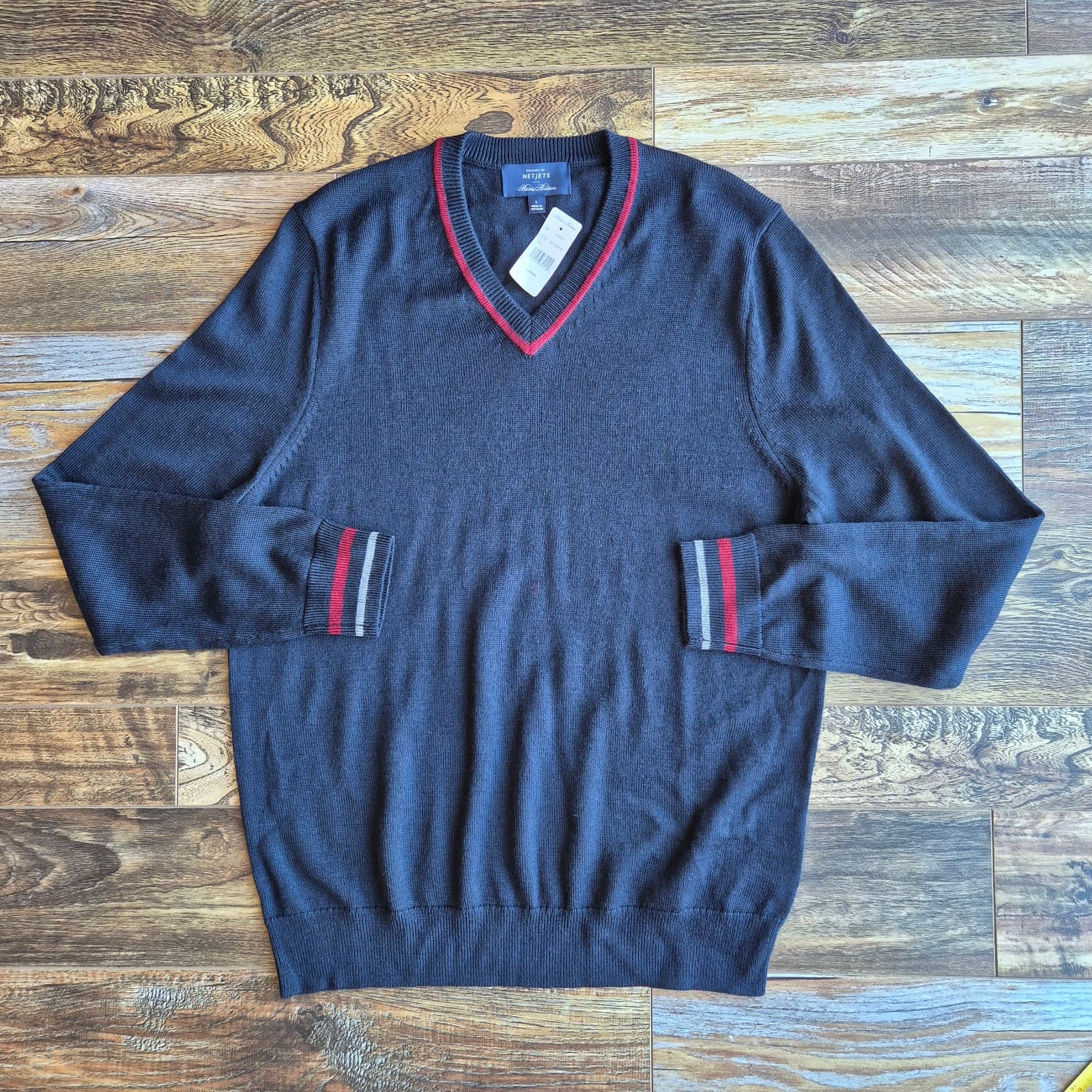 NWT Brooks Brothers Netjets Merino Wool Blend Stripe-Collar Sweater Blue Men's L - Thumbnail 2