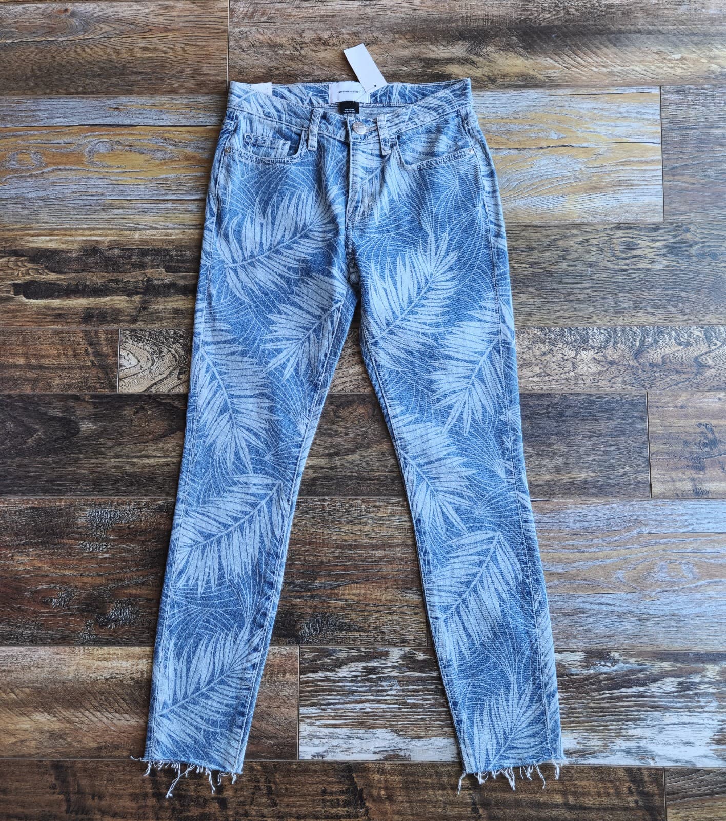 NWT Current Elliott The Stiletto Leaf Print Raw Hem Skinny Crop Jeans Blue Sz.24 - Thumbnail 3