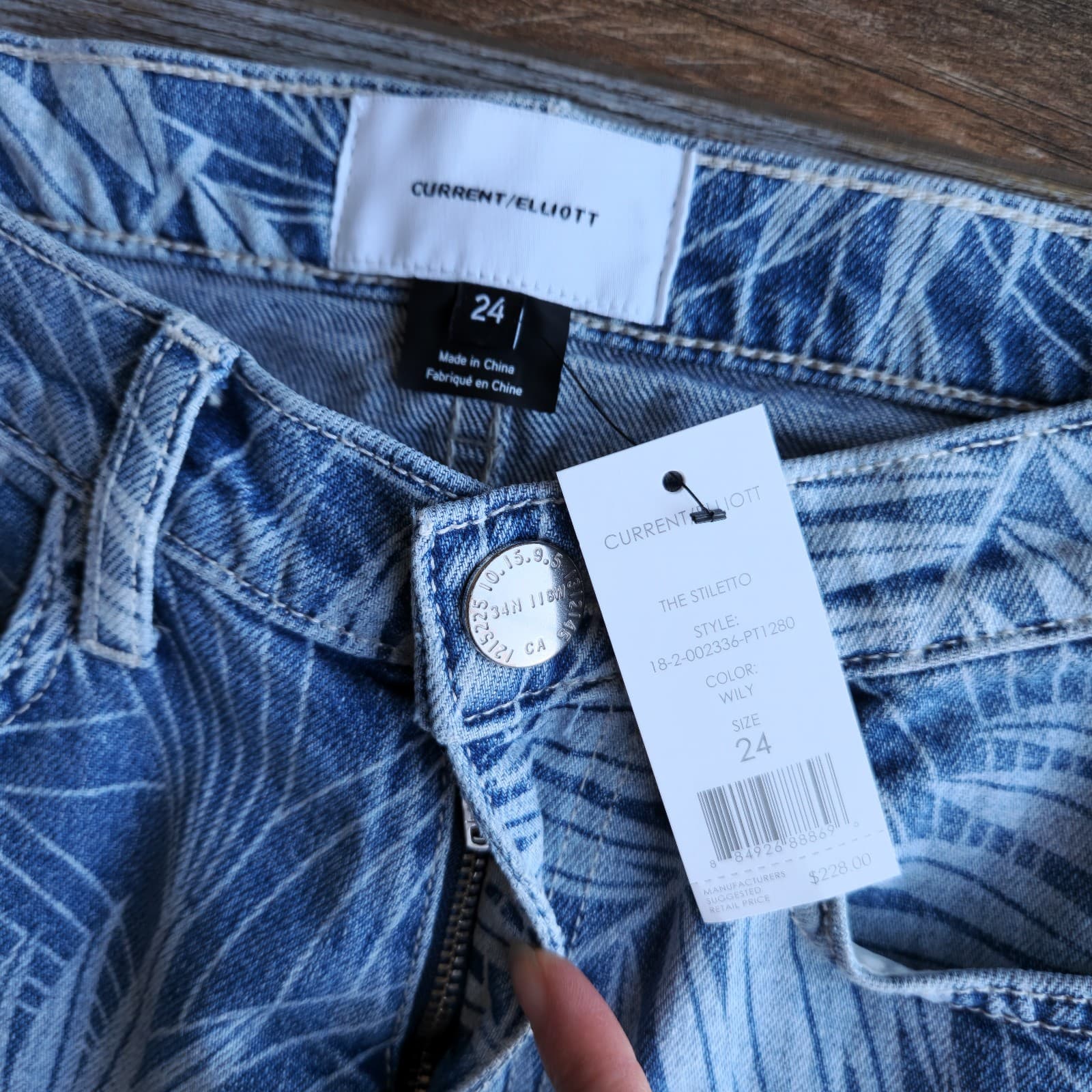 NWT Current Elliott The Stiletto Leaf Print Raw Hem Skinny Crop Jeans Blue Sz.24 - Thumbnail 8
