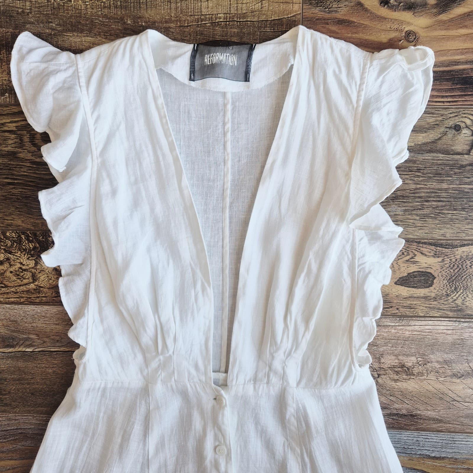 Reformation 100% Linen Ruffle Deep V-Neck Midi Dress Button-Front Pocket Size 6 - Thumbnail 8