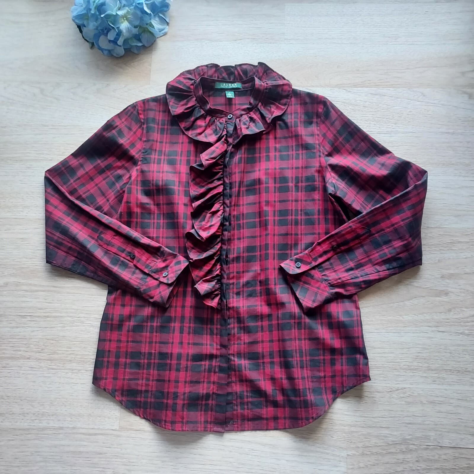 Lauren Ralph Lauren Buffalo Plaid Ruffle Shirt Top Button Long Sleeve Red Sz.L - Thumbnail 5