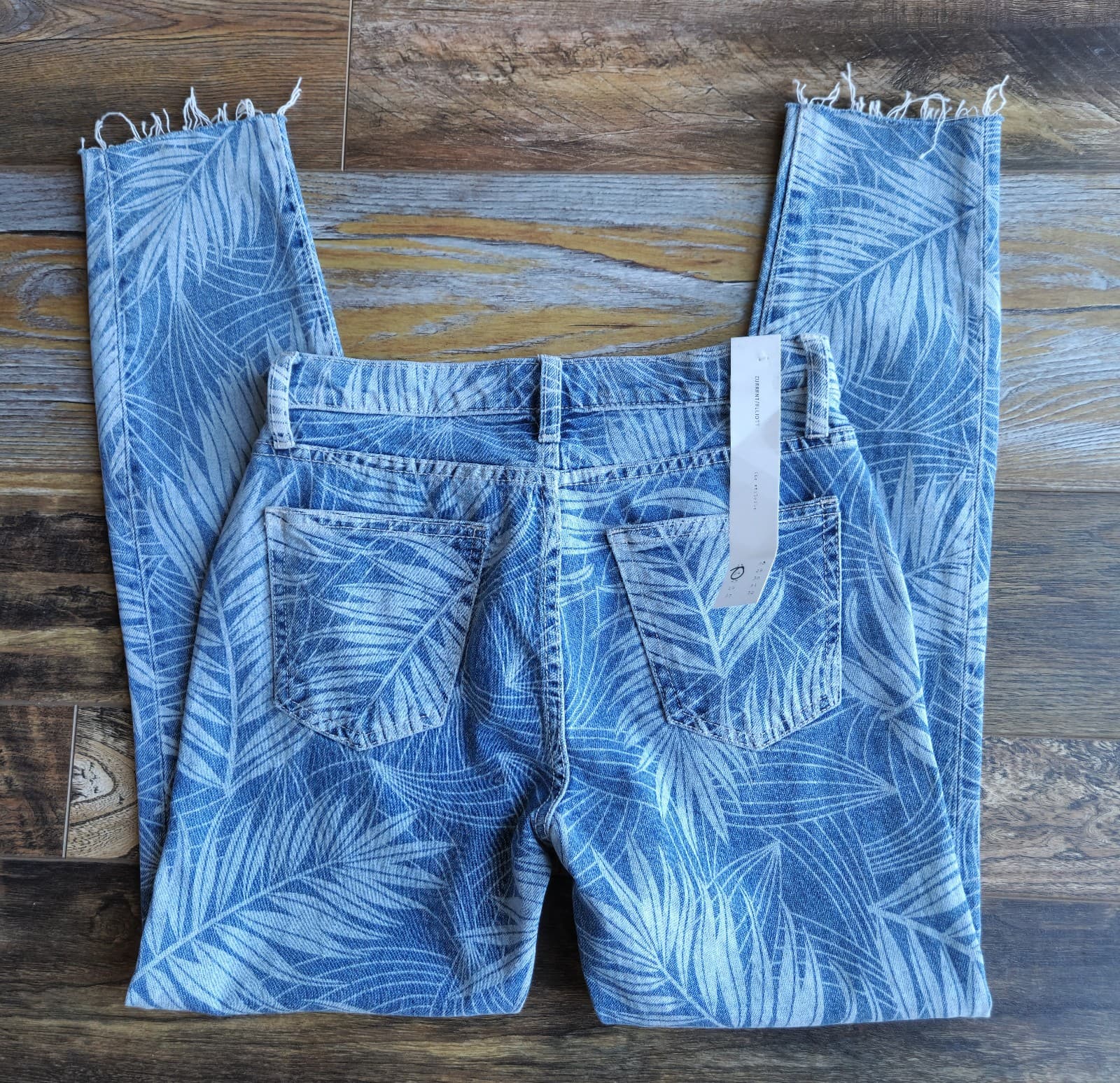 NWT Current Elliott The Stiletto Leaf Print Raw Hem Skinny Crop Jeans Blue Sz.24 - Thumbnail 5