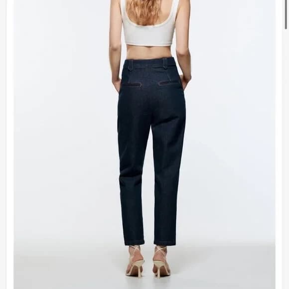 Zara Tailor Fit Jeans High Rise Tapered Zip Pocket Dark Wash Blue Womens M (29") - Thumbnail 6