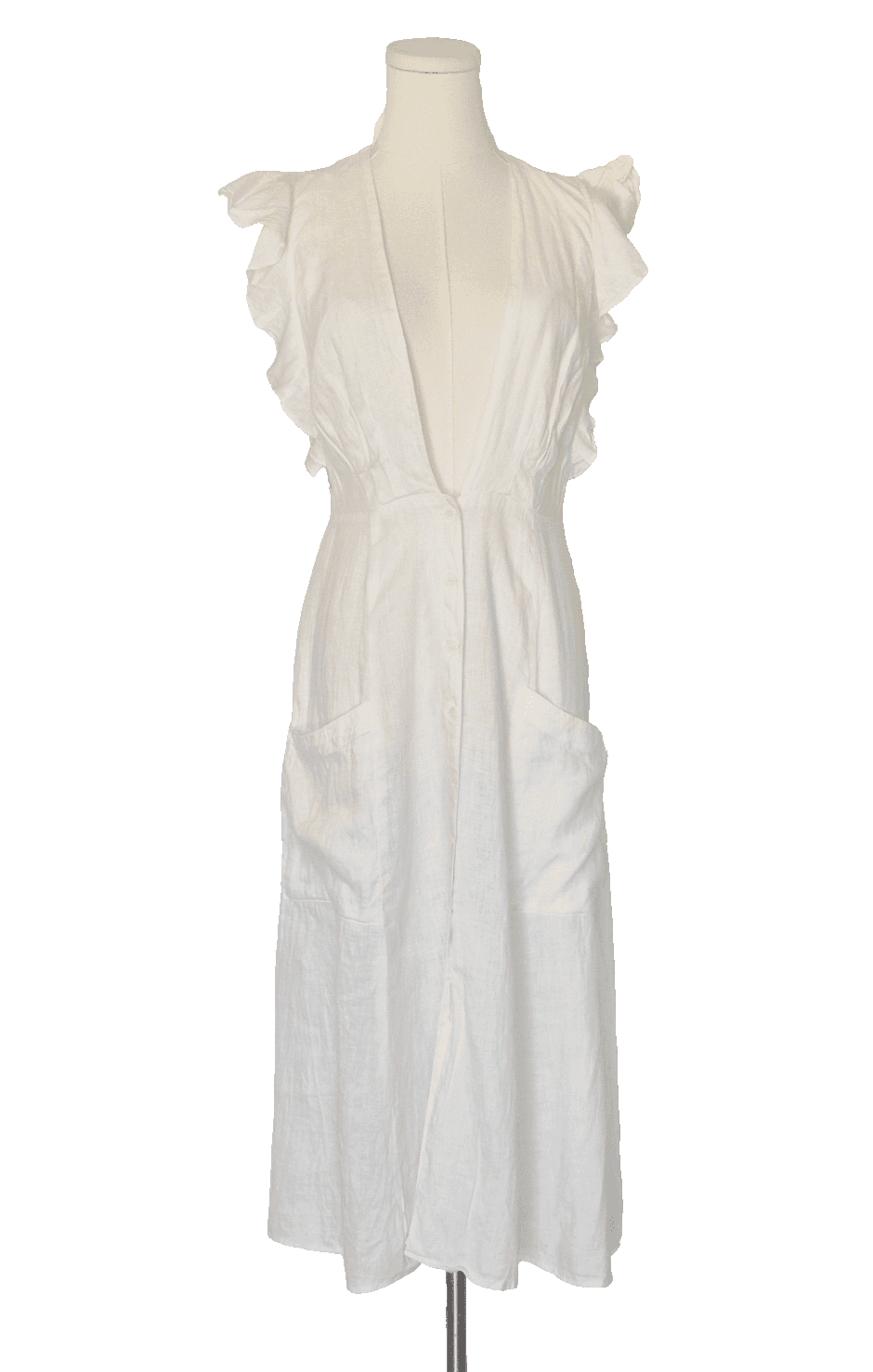 Reformation 100% Linen Ruffle Deep V-Neck Midi Dress Button-Front Pocket Size 6 - Thumbnail 2
