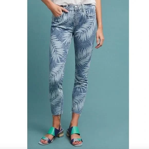 NWT Current Elliott The Stiletto Leaf Print Raw Hem Skinny Crop Jeans Blue Sz.24 - Thumbnail 2