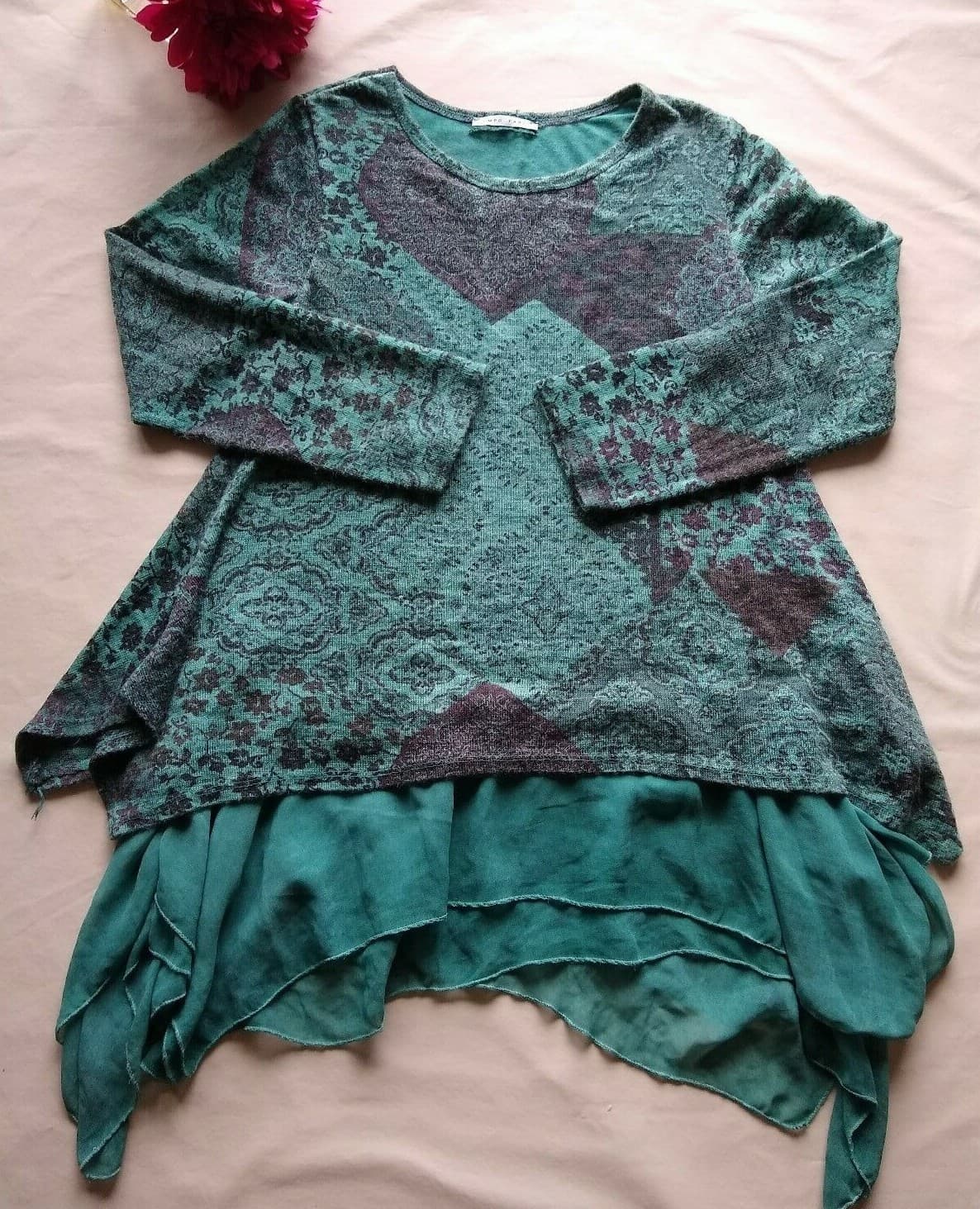 TEMPO PARIS Paisley Mohair Blend Chiffon Layer Top Long Sleeve Green Sz.M - Thumbnail 2