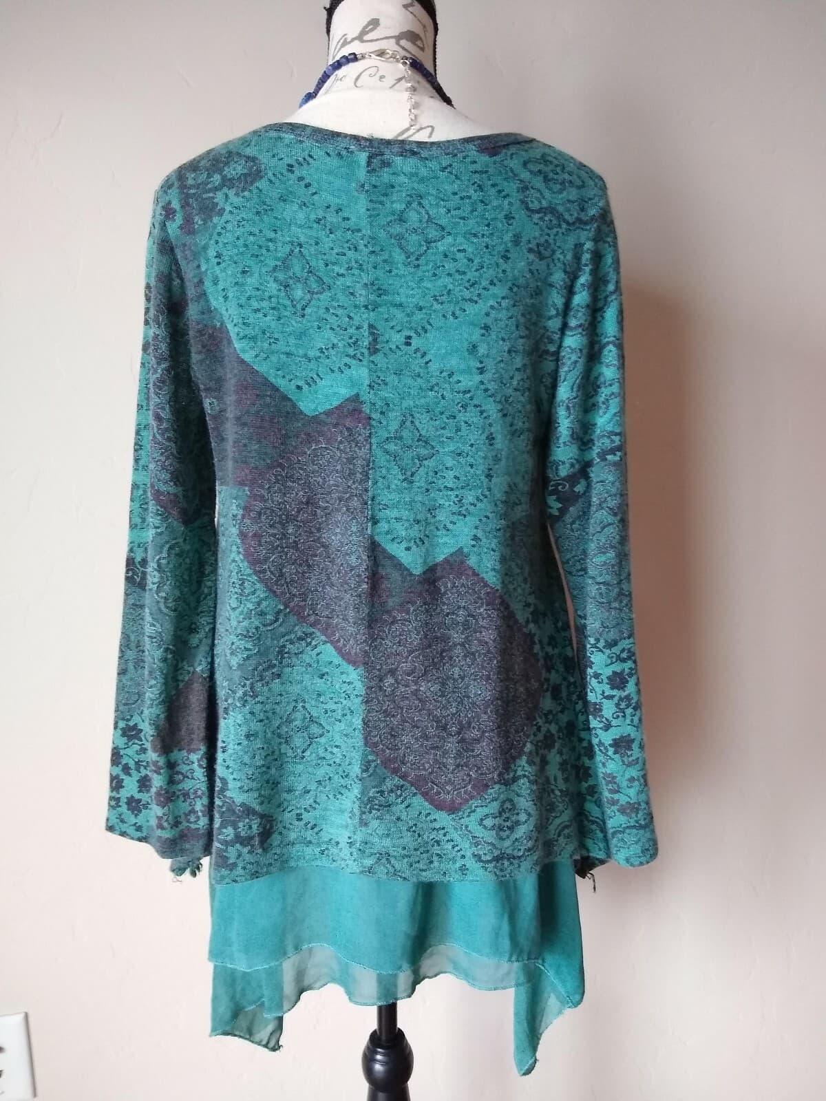 TEMPO PARIS Paisley Mohair Blend Chiffon Layer Top Long Sleeve Green Sz.M - Thumbnail 4