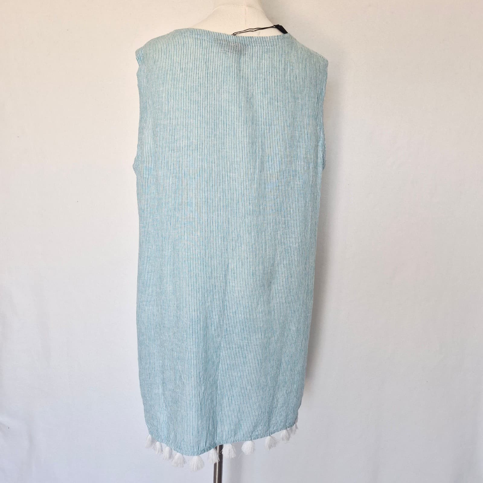 NEW Tahari Linen Blend Tasseled Beach Cover-Up Dress Sleeveless Blue Stripe Sz.L - Thumbnail 8