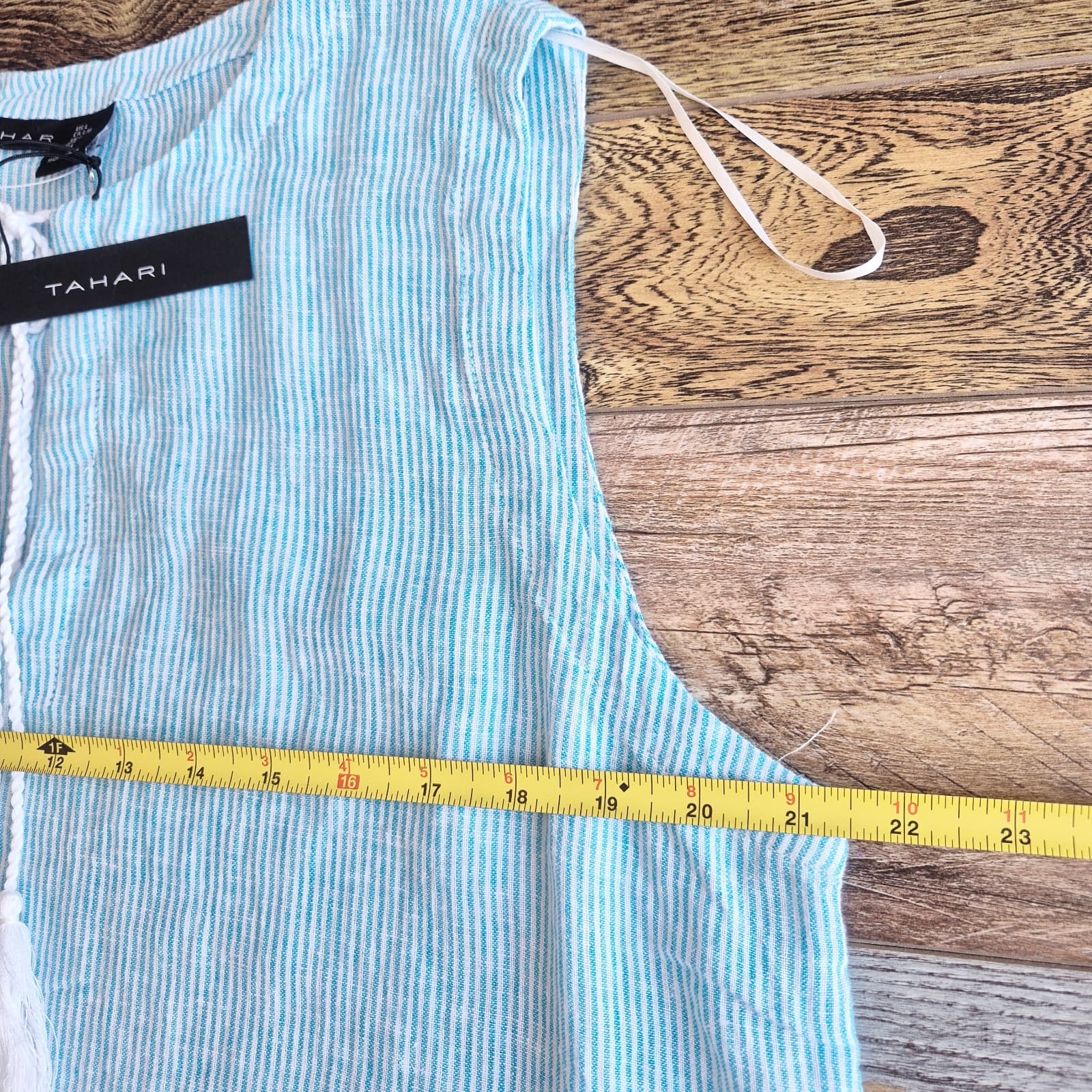 NEW Tahari Linen Blend Tasseled Beach Cover-Up Dress Sleeveless Blue Stripe Sz.L - Thumbnail 12