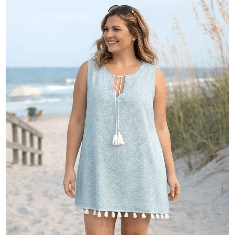 NEW Tahari Linen Blend Tasseled Beach Cover-Up Dress Sleeveless Blue Stripe Sz.L - Thumbnail 2