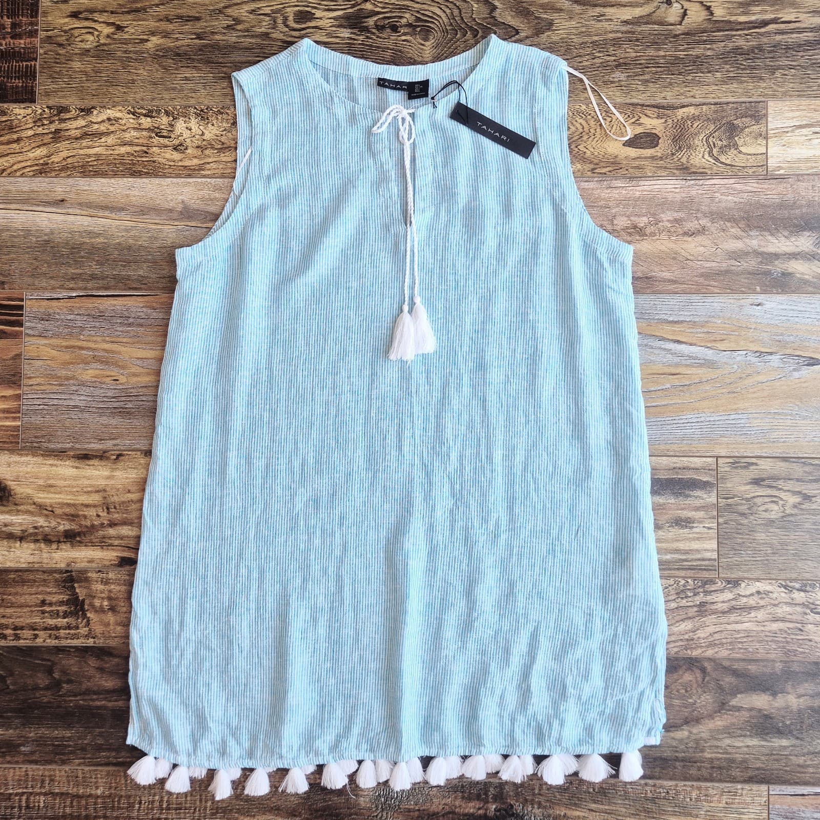 NEW Tahari Linen Blend Tasseled Beach Cover-Up Dress Sleeveless Blue Stripe Sz.L - Thumbnail 5