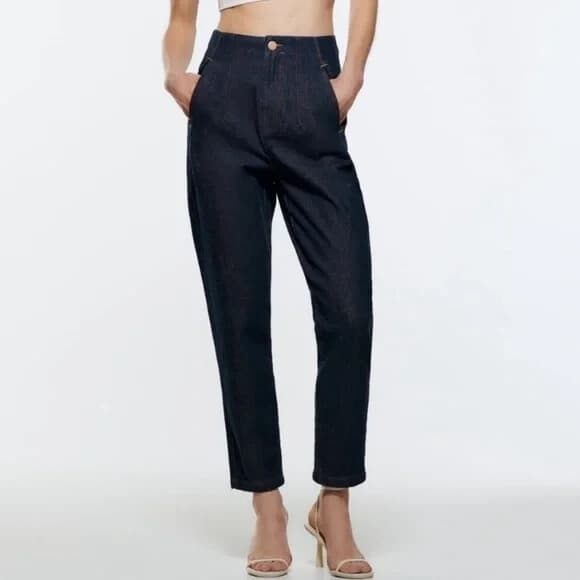 Zara Tailor Fit Jeans High Rise Tapered Zip Pocket Dark Wash Blue Womens M (29") - Thumbnail 5