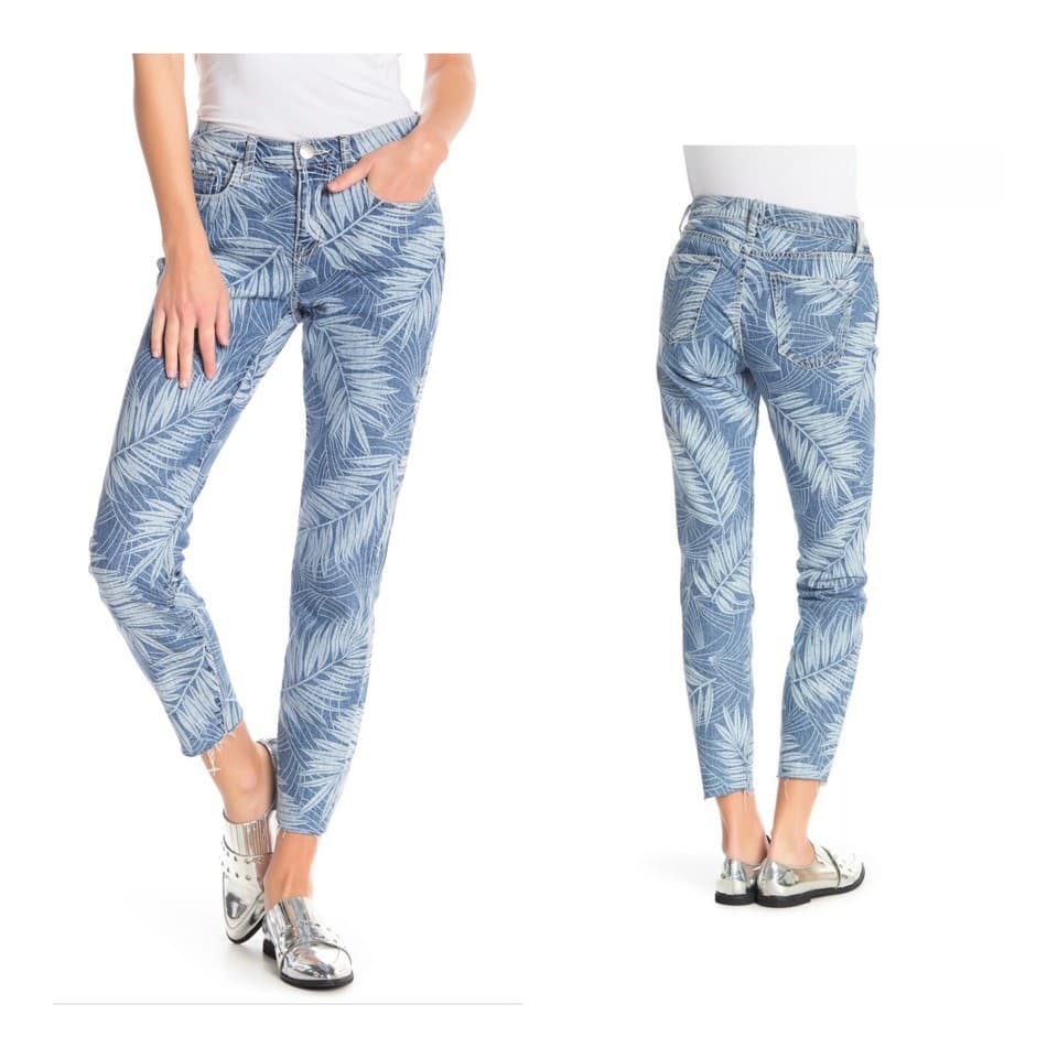 NWT Current Elliott The Stiletto Leaf Print Raw Hem Skinny Crop Jeans Blue Sz.24 - Thumbnail 4