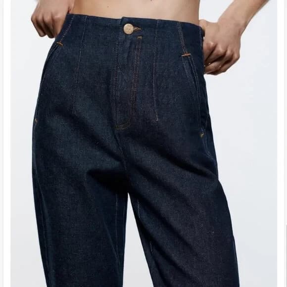 Zara Tailor Fit Jeans High Rise Tapered Zip Pocket Dark Wash Blue Womens M (29") - Thumbnail 3
