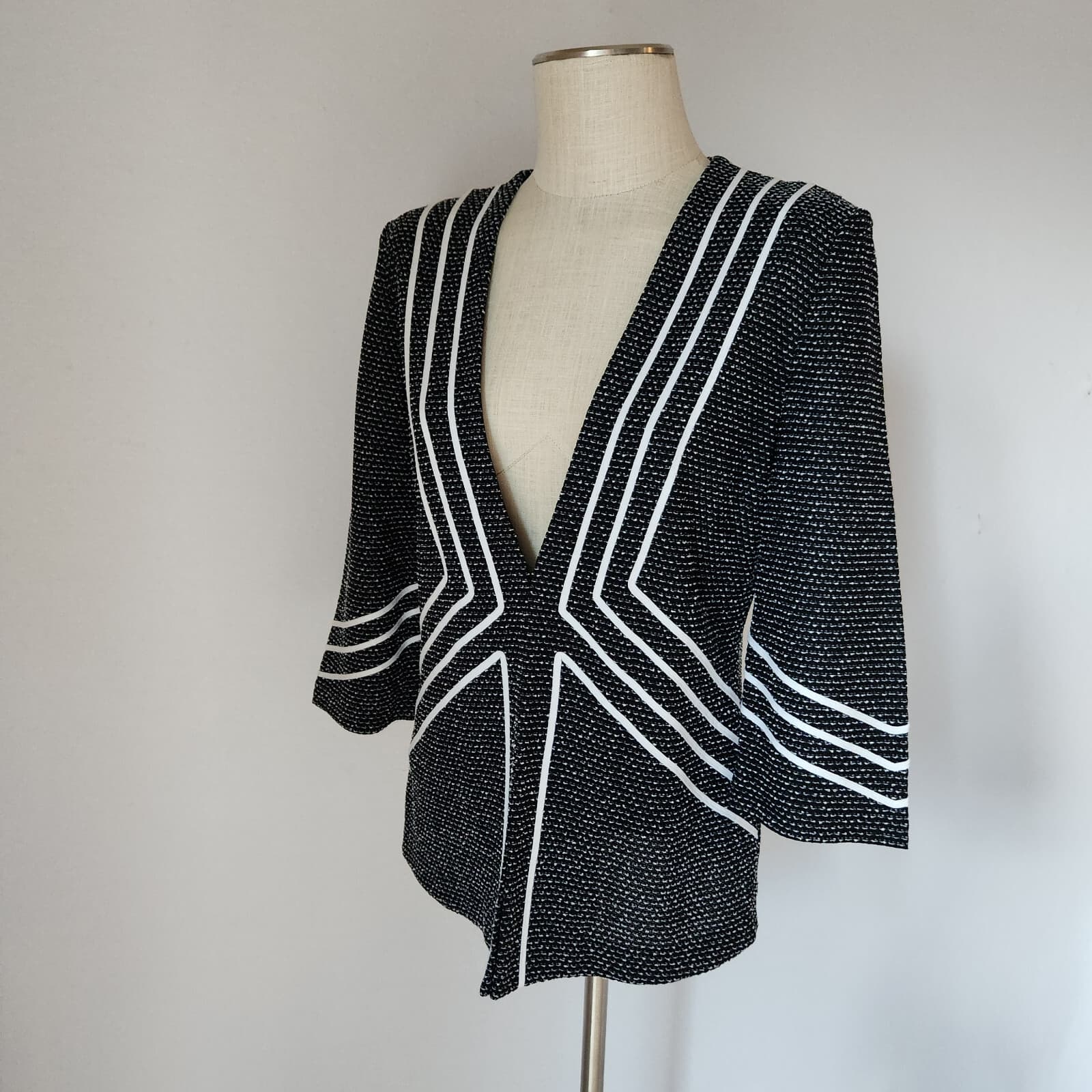 Ming Wang Tweed Knit Open Front Jacket Acrylic Stretch Black White Women's M - Thumbnail 2