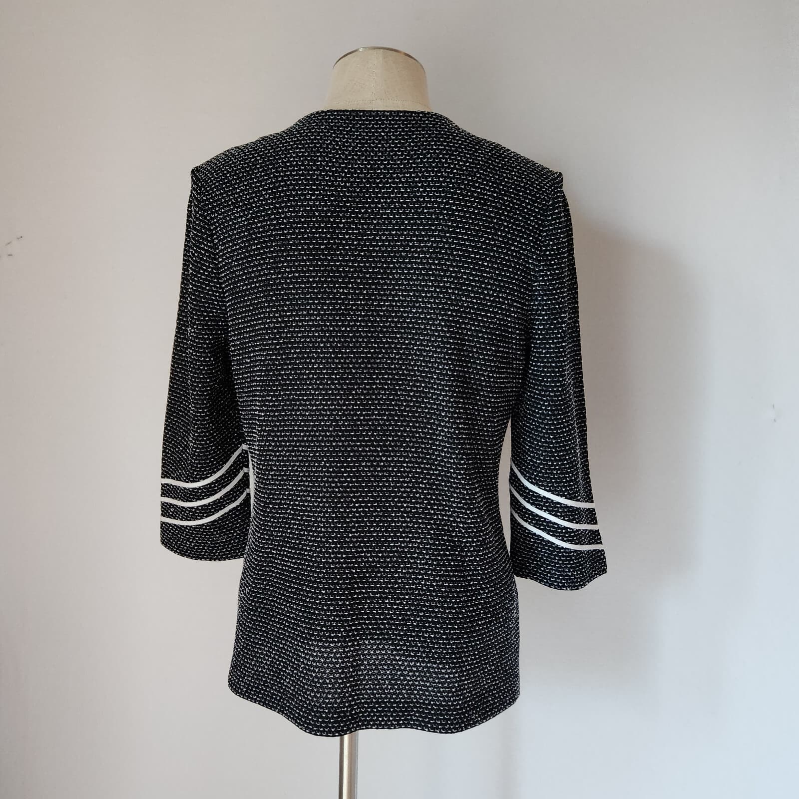 Ming Wang Tweed Knit Open Front Jacket Acrylic Stretch Black White Women's M - Thumbnail 4