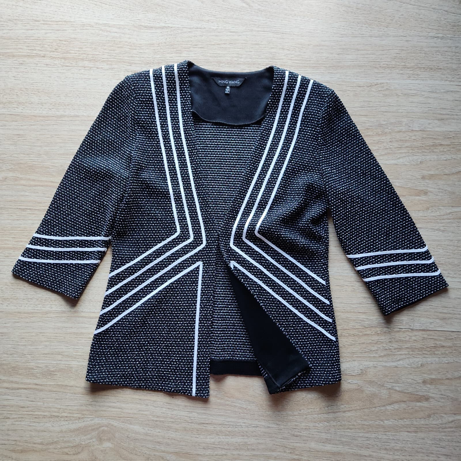 Ming Wang Tweed Knit Open Front Jacket Acrylic Stretch Black White Women's M - Thumbnail 5