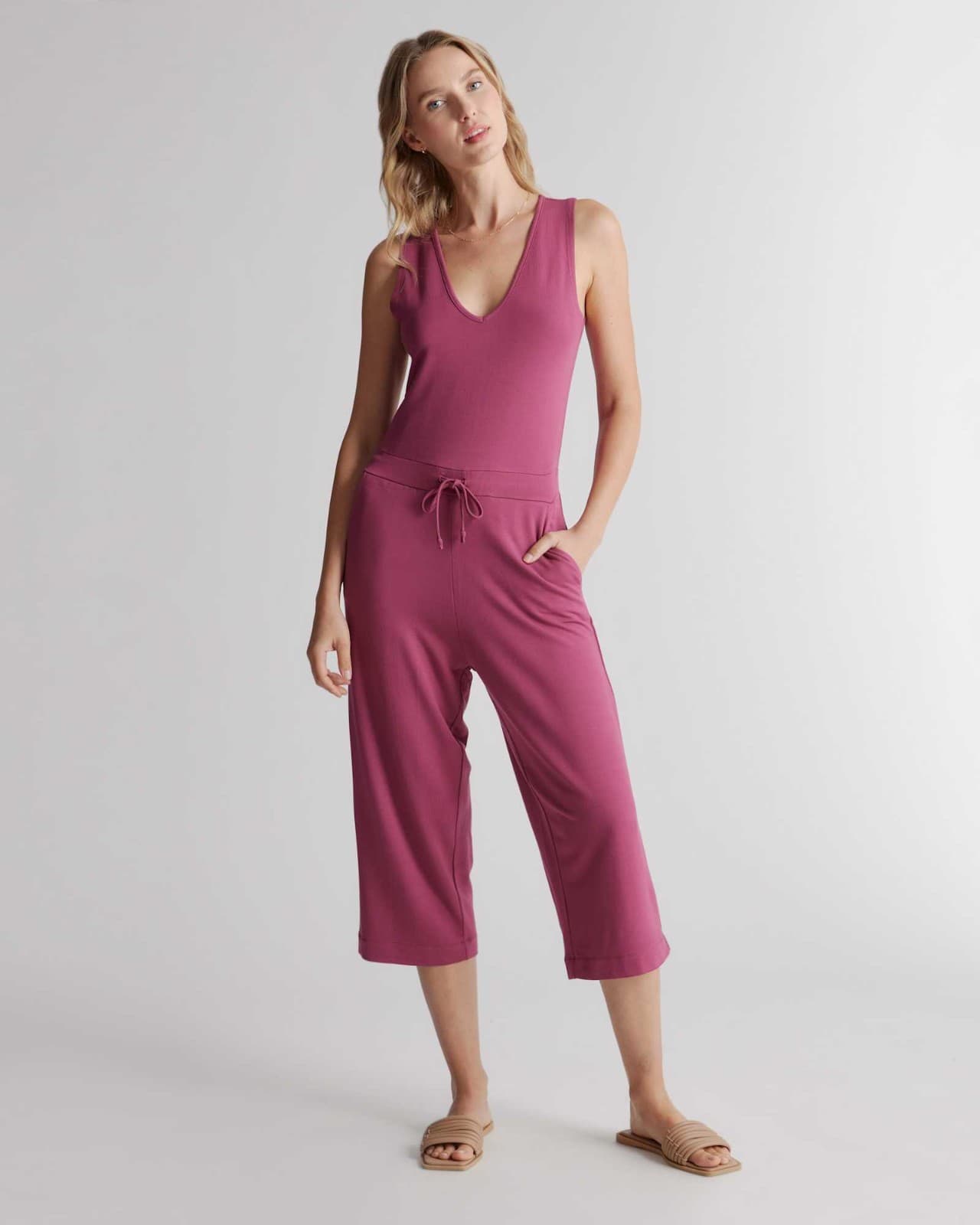 NWoT Quince French Terry Modal Cropped Jumpsuit Tie Pocket Sleeveless Rose Sz.M - Thumbnail 2