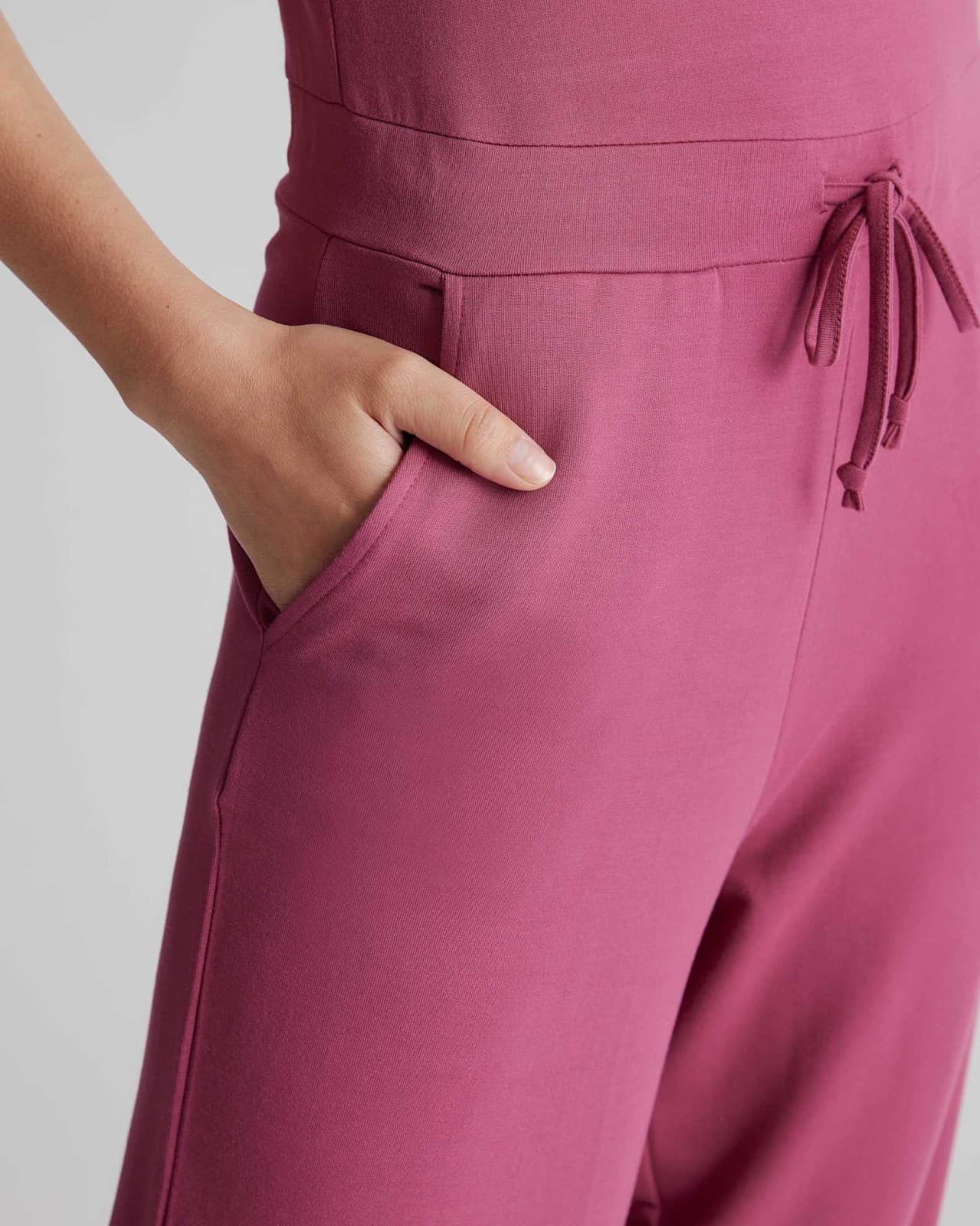 NWoT Quince French Terry Modal Cropped Jumpsuit Tie Pocket Sleeveless Rose Sz.M - Thumbnail 9