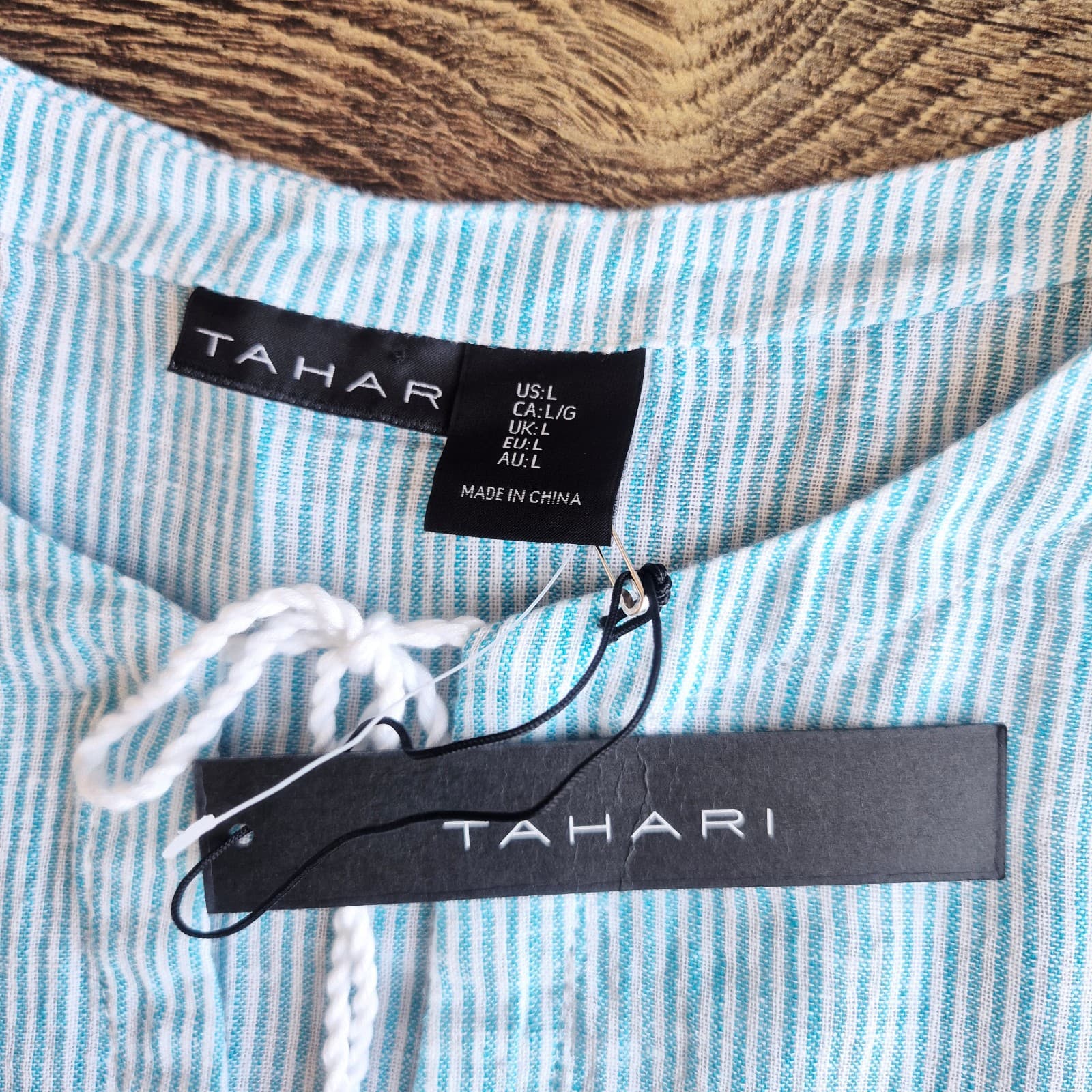 NEW Tahari Linen Blend Tasseled Beach Cover-Up Dress Sleeveless Blue Stripe Sz.L - Thumbnail 9