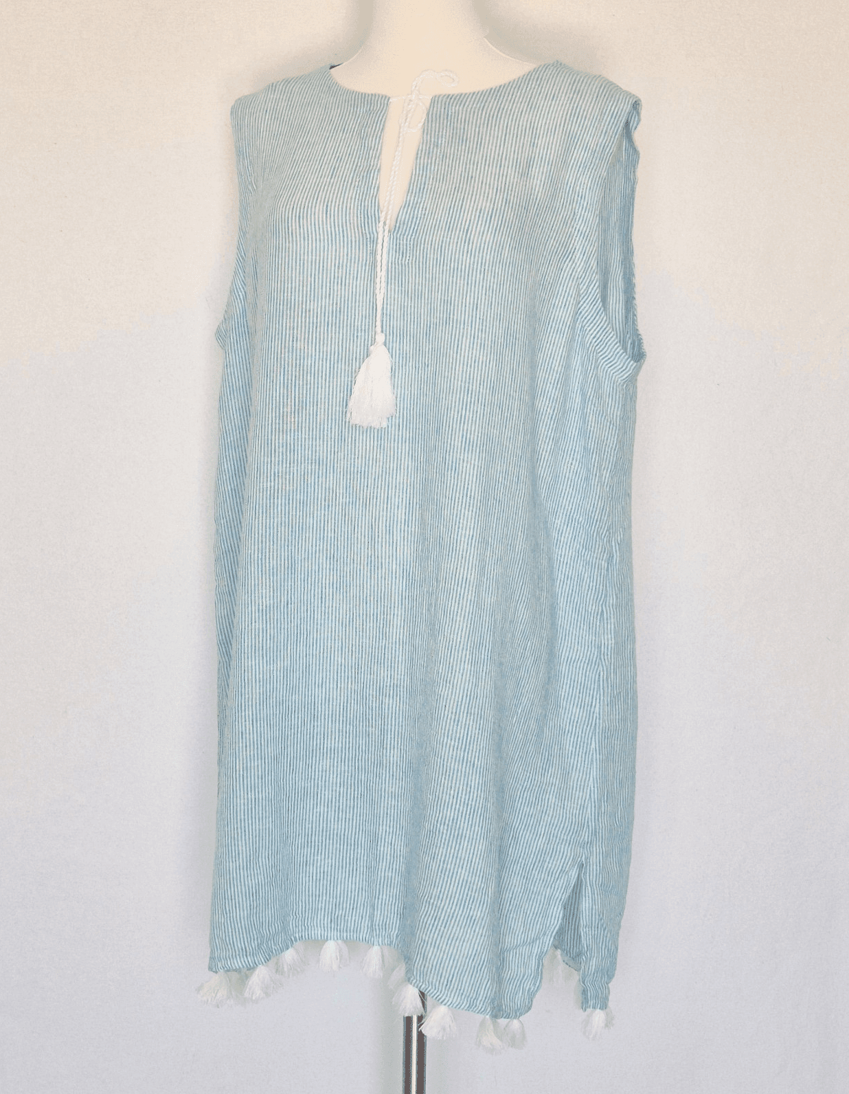NEW Tahari Linen Blend Tasseled Beach Cover-Up Dress Sleeveless Blue Stripe Sz.L - Thumbnail 3