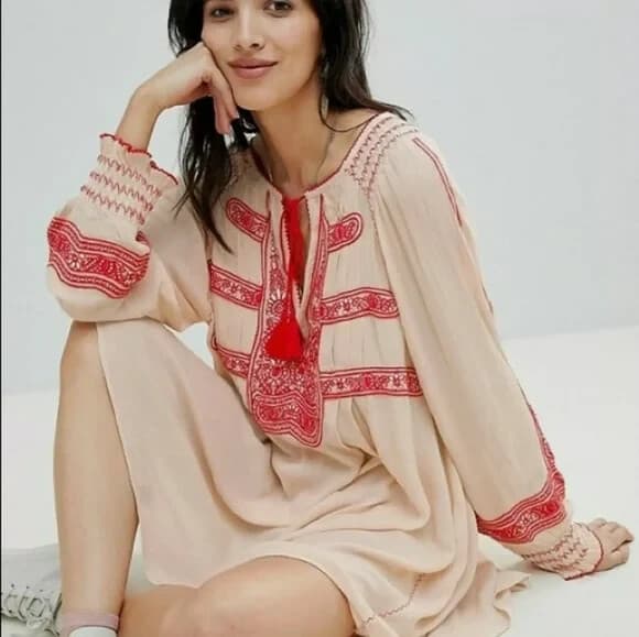 Free People Wind Willow Boho Mini Tunic Dress Cottagecore Peasant Beige Womens S - Thumbnail 5
