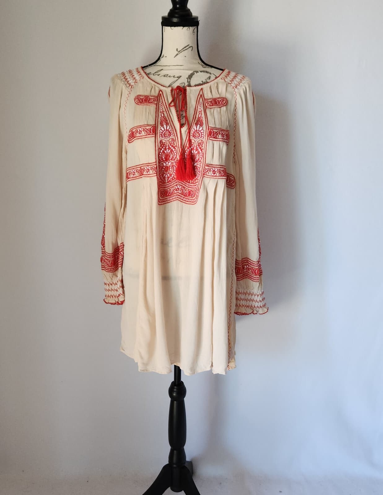Free People Wind Willow Boho Mini Tunic Dress Cottagecore Peasant Beige Womens S - Thumbnail 4