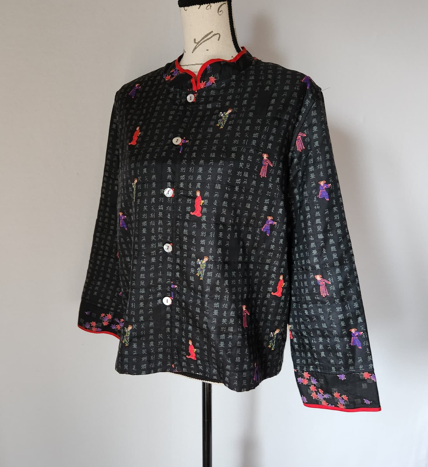 Chico's Design 100% Silk Chinese Wearable Art Mandarin Kimono Jacket Black Sz.1 - Thumbnail 2