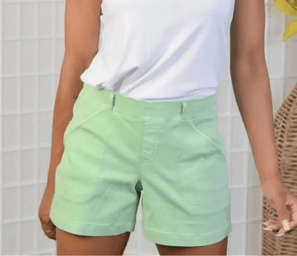 Spanx Stretch Twill Tummy Control 5.5" Shorts Pull-On Cotton Blend Green Women L - Thumbnail 3
