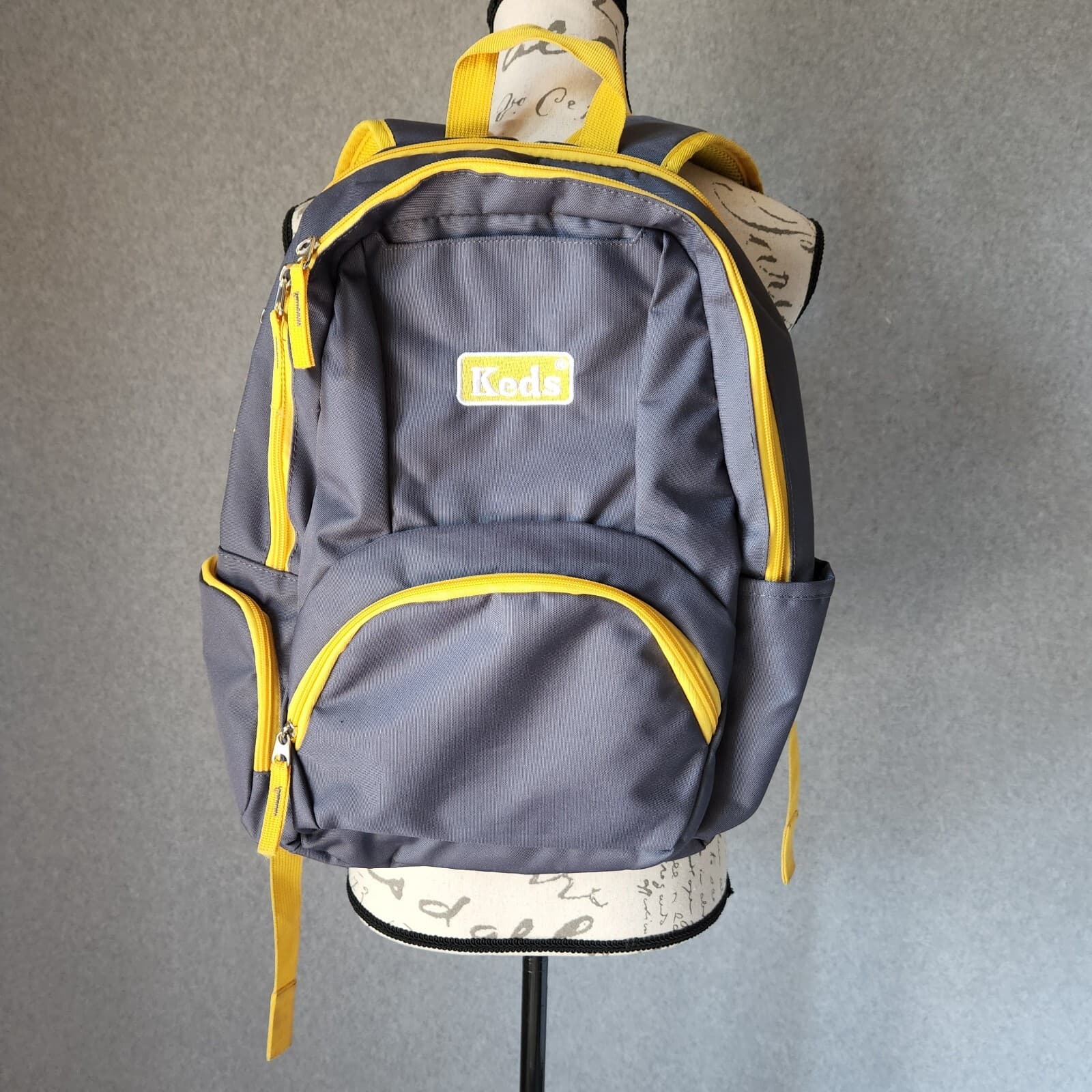 Keds Backpack Zipper Pocket Nylon Grey Yellow Unisex 13"x18"x6" - Thumbnail 2