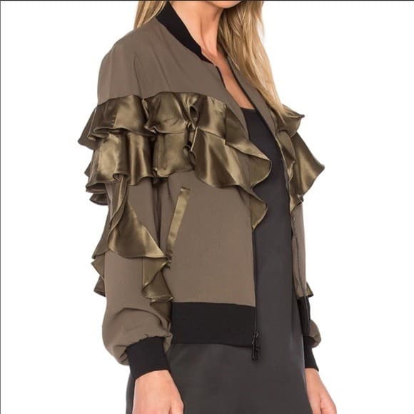 Cinq A Sept Leia Silk-Ruffle Bomber Jacket Zip-Up Pocket Olive Green Women's S - Thumbnail 4